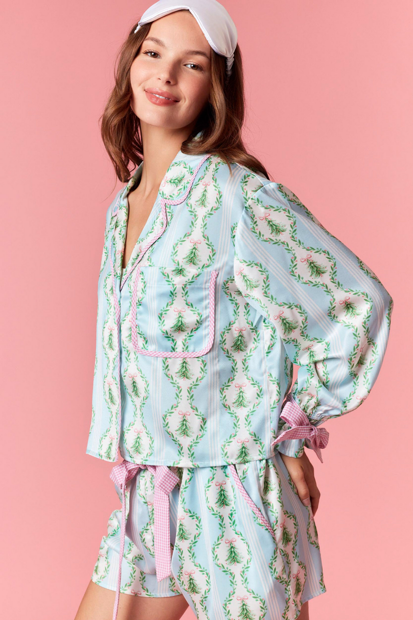 Blue Satin Christmas Tree Gingham Pajama Set