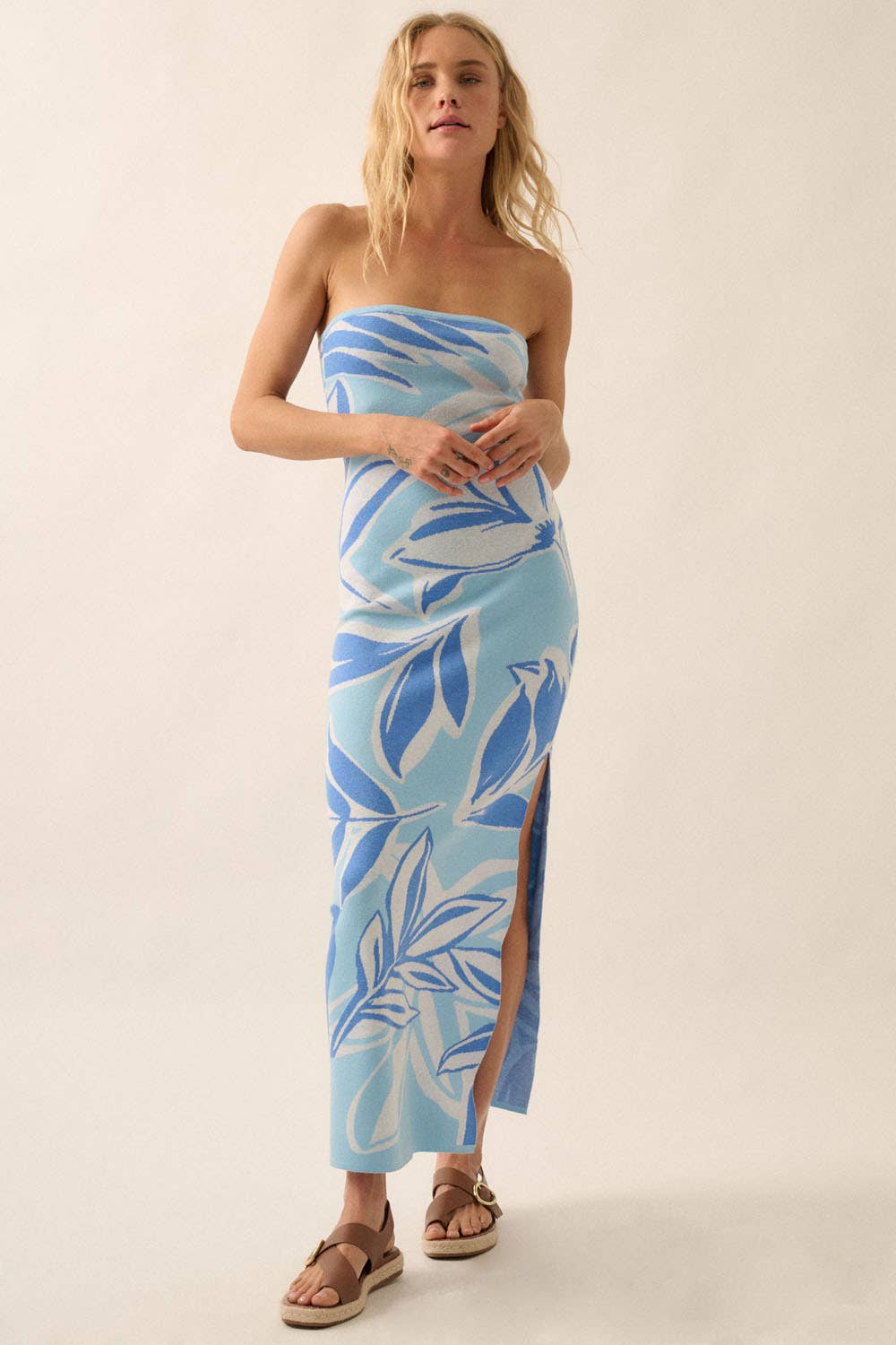Floral Jacquard Knit Strapless Maxi Sweater Dress