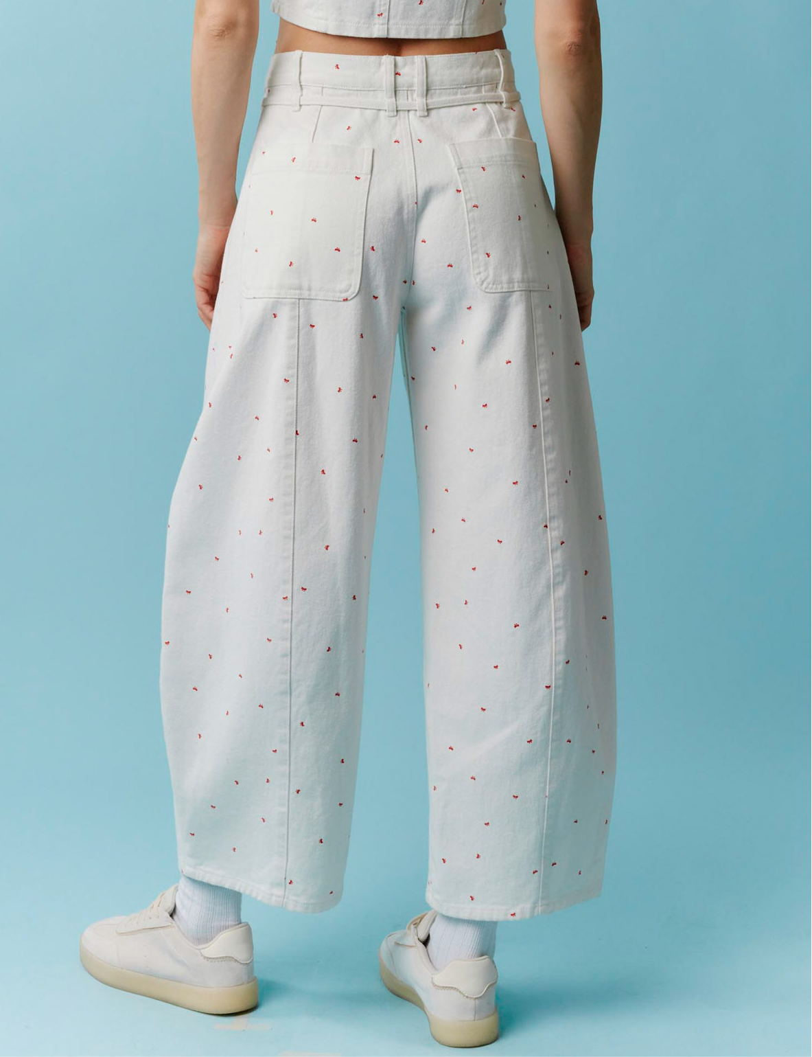 Mini Bow Print Washed Barrel Jeans
