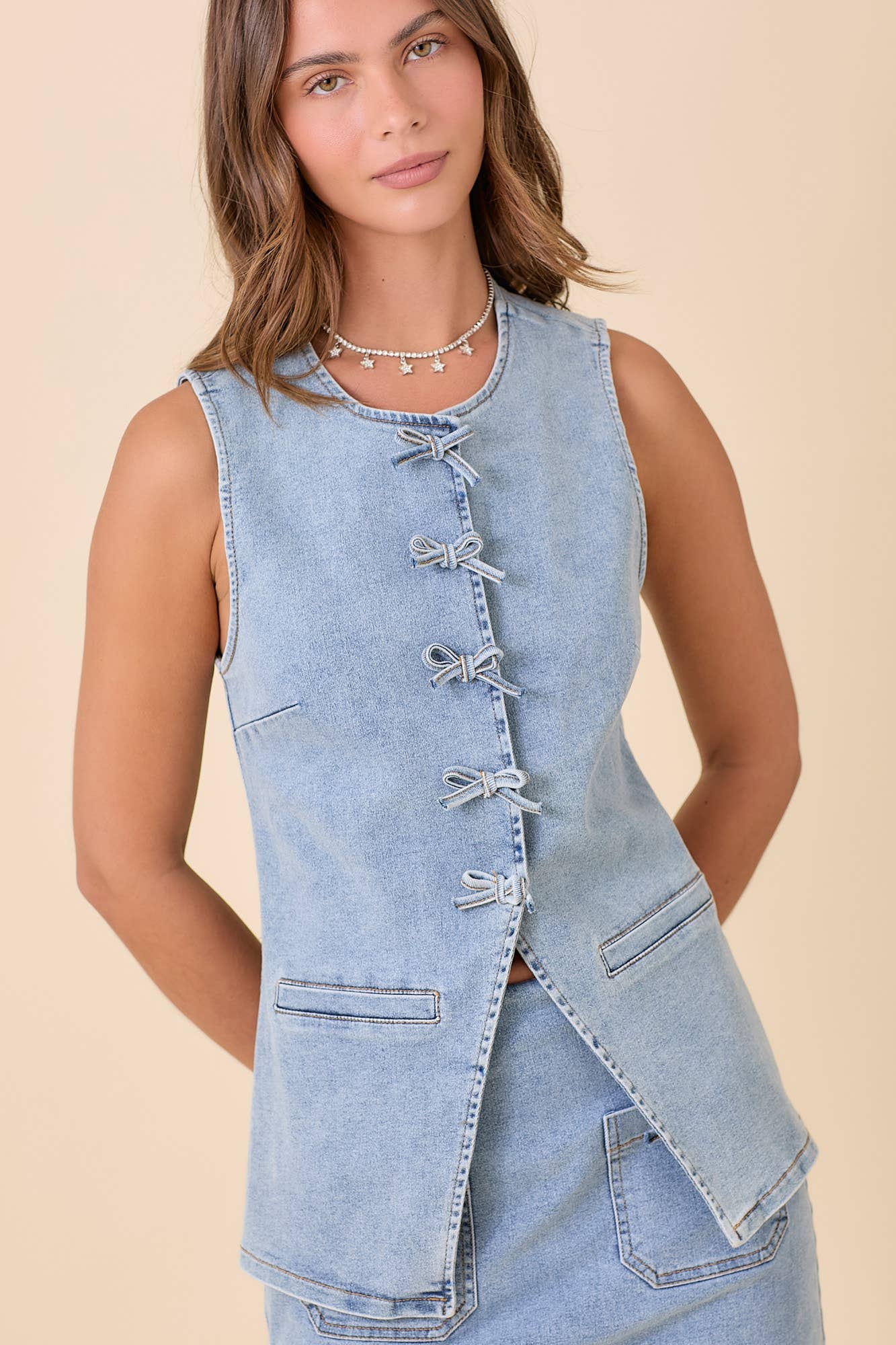 Denim Vest With Snap Button And Ribbon Bow