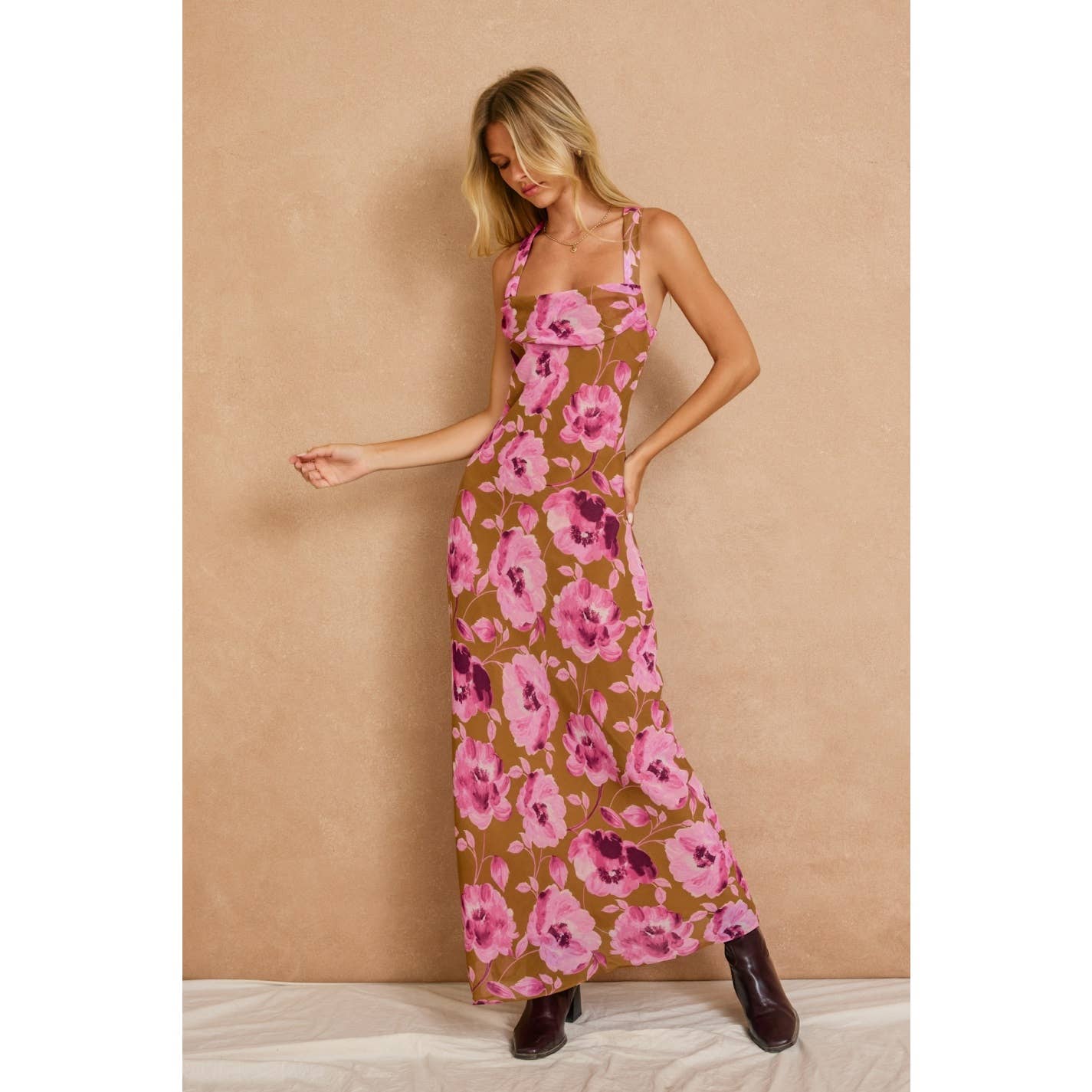 drape detail maxi dress Sepia Petals Drape Detail Maxi Dress