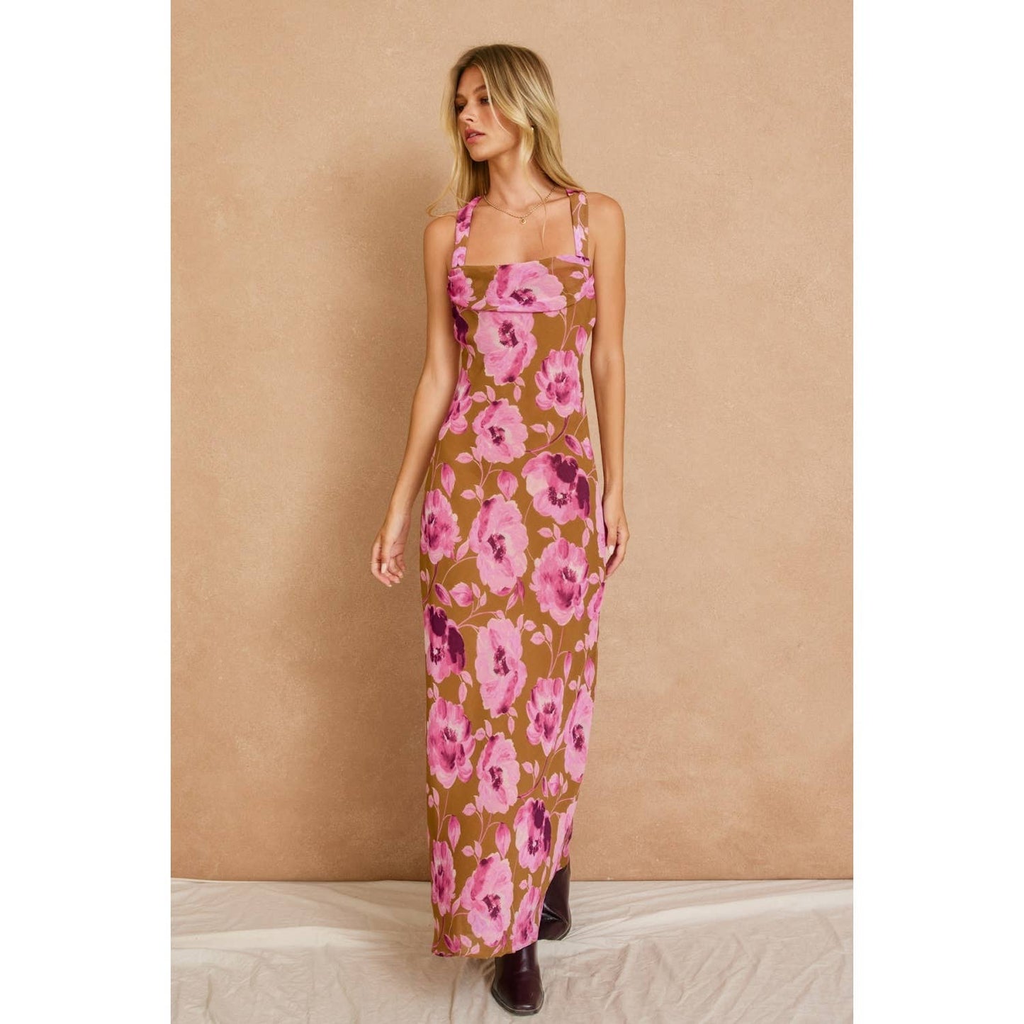 Sepia Petals Drape Detail Maxi Dress
