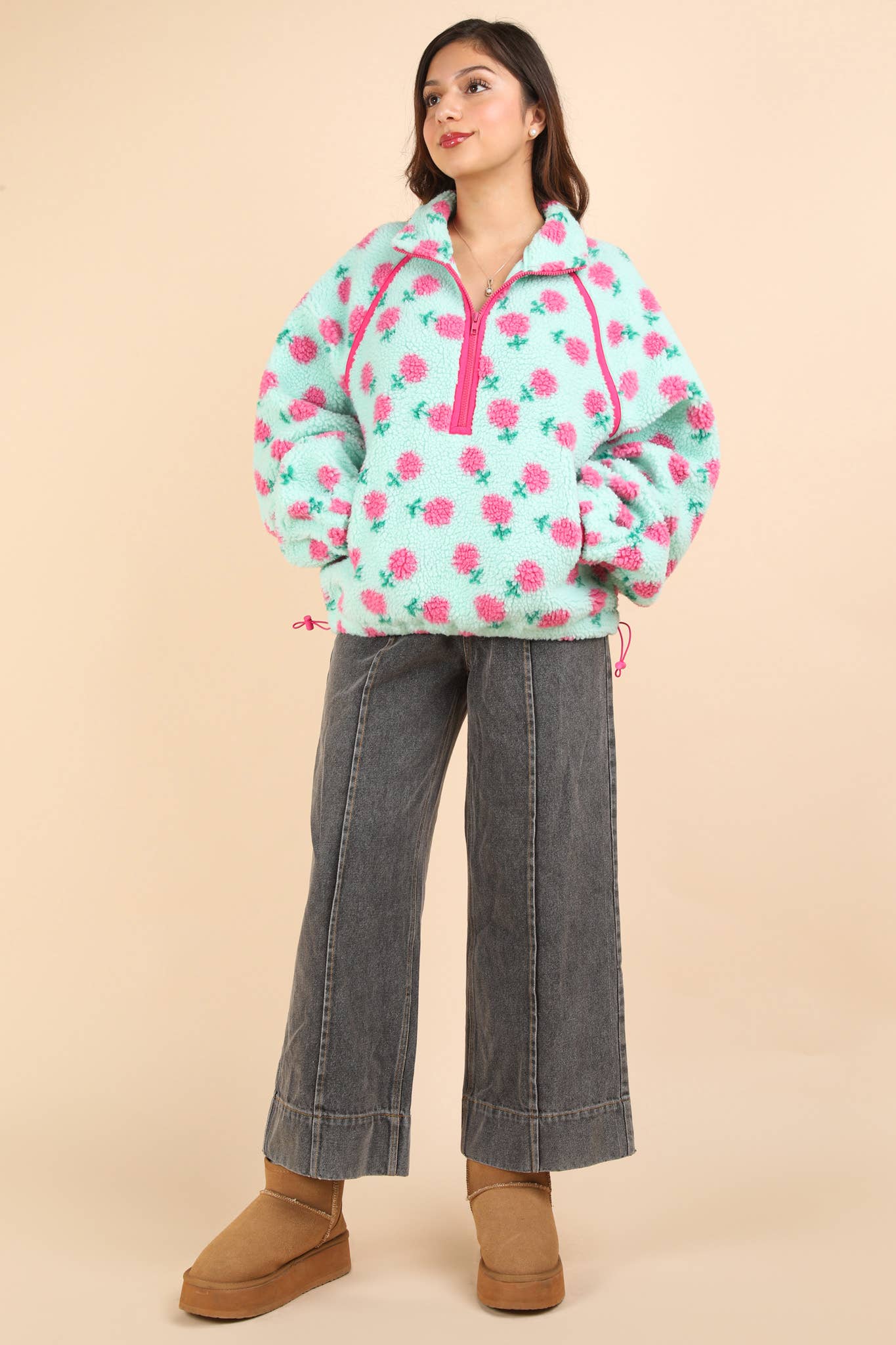 Printed Fleece Henley Zip Up Top with Pockets