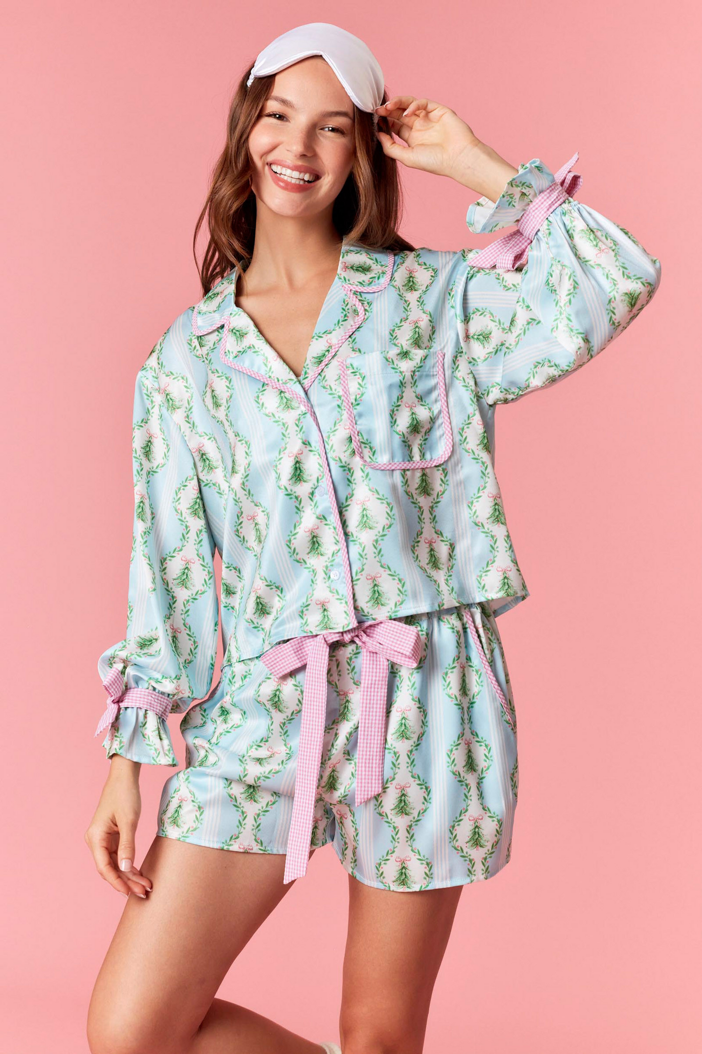 Blue Satin Christmas Tree Gingham Pajama Set