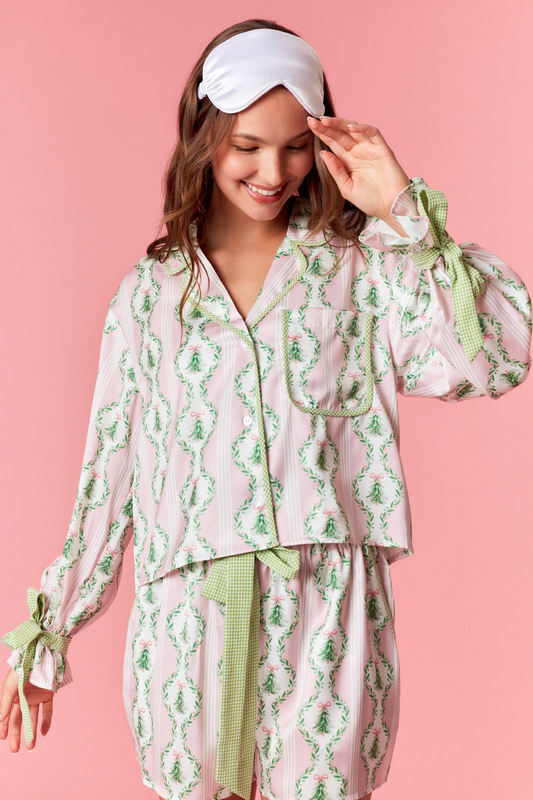 Pink Satin Christmas Tree Gingham Pajama Set