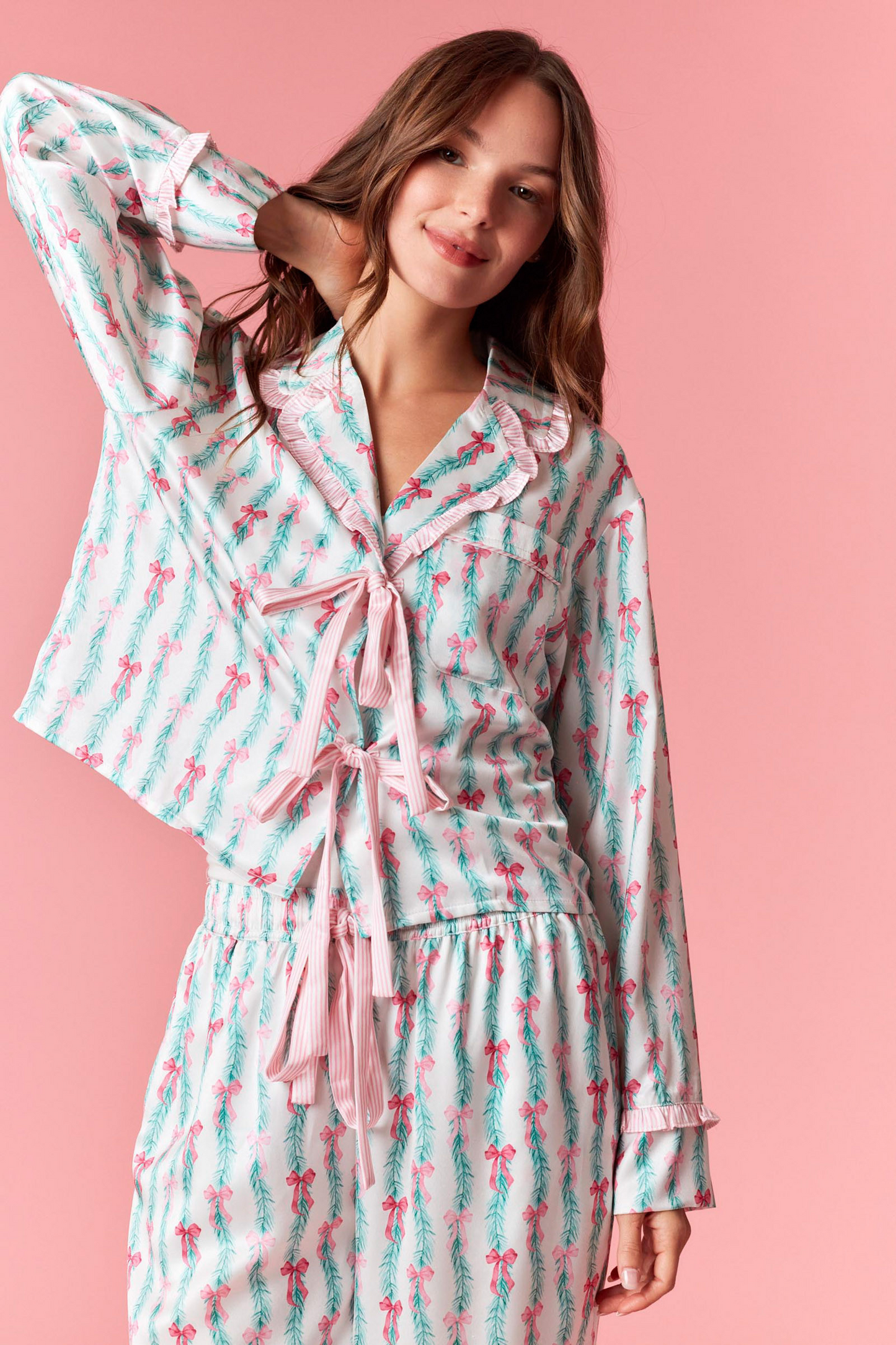 Bow Christmas Print Ruffle Satin PJ Set