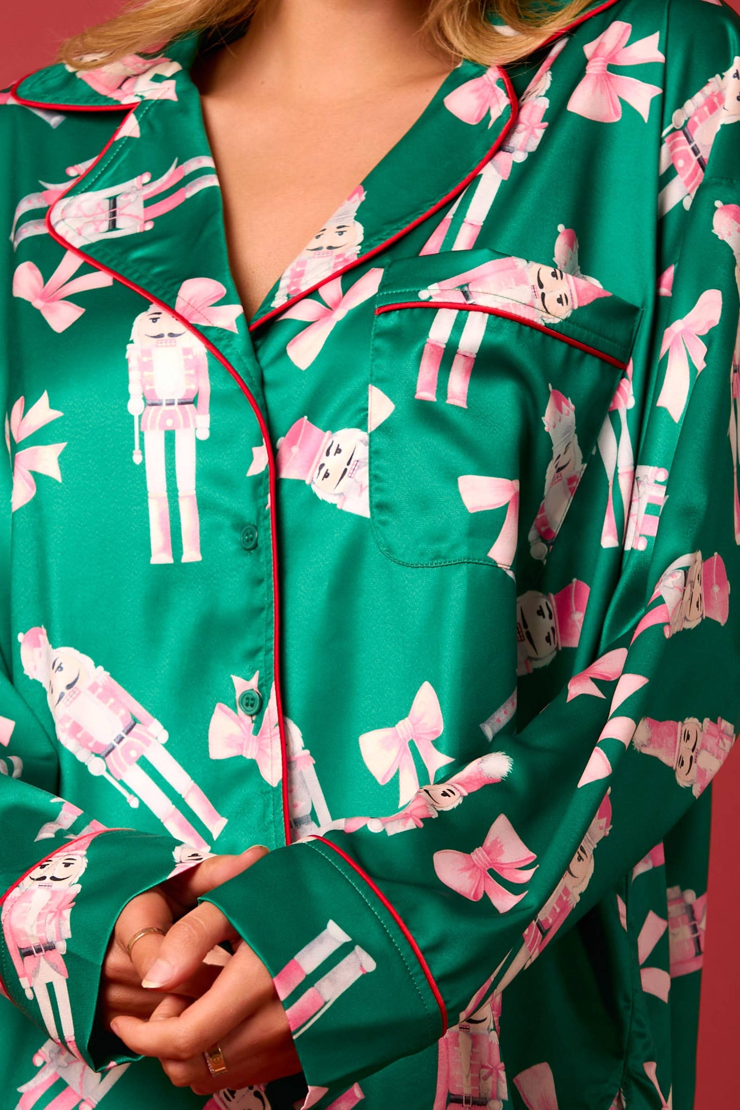 Green Satin Nutcrackers & Bow Prints Pajama Set