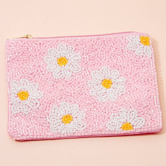 Daisy Flowers Pink Seed Beaded Coin Purse