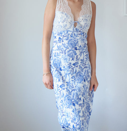 Parisian Blue Empire Lace And Satin Contrast Maxi Dress