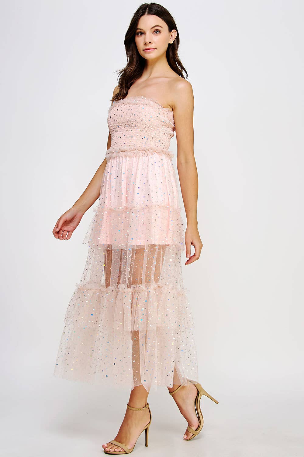 Amoura Tiered Sequin Ruffle Tulle Midi Dress