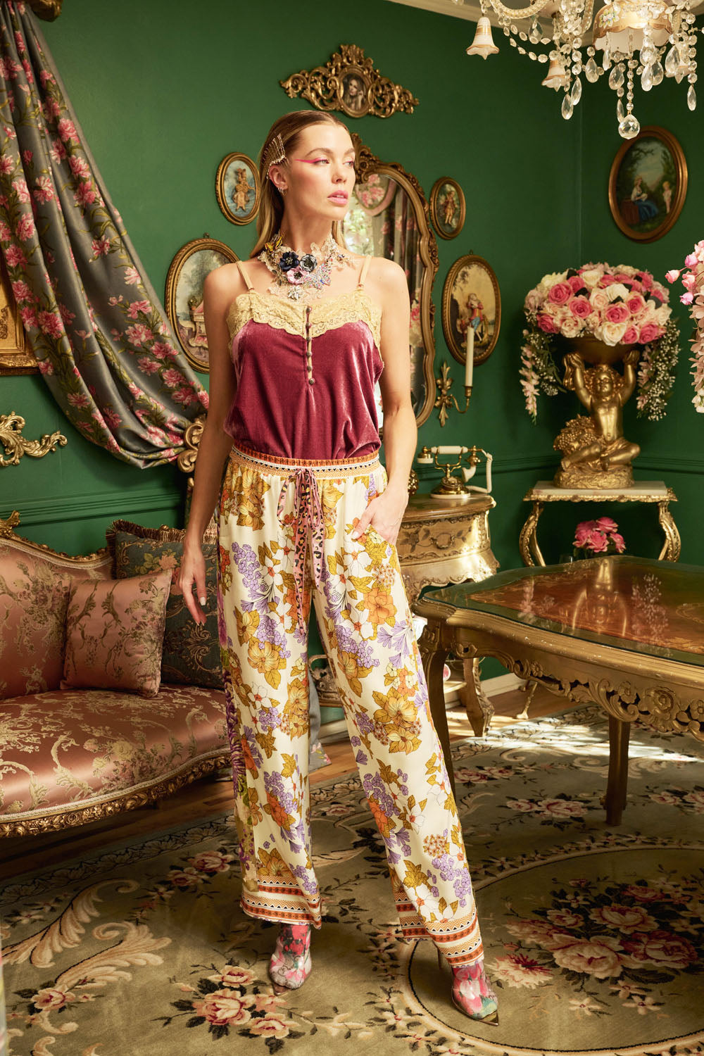 Golden Floral Print Pant