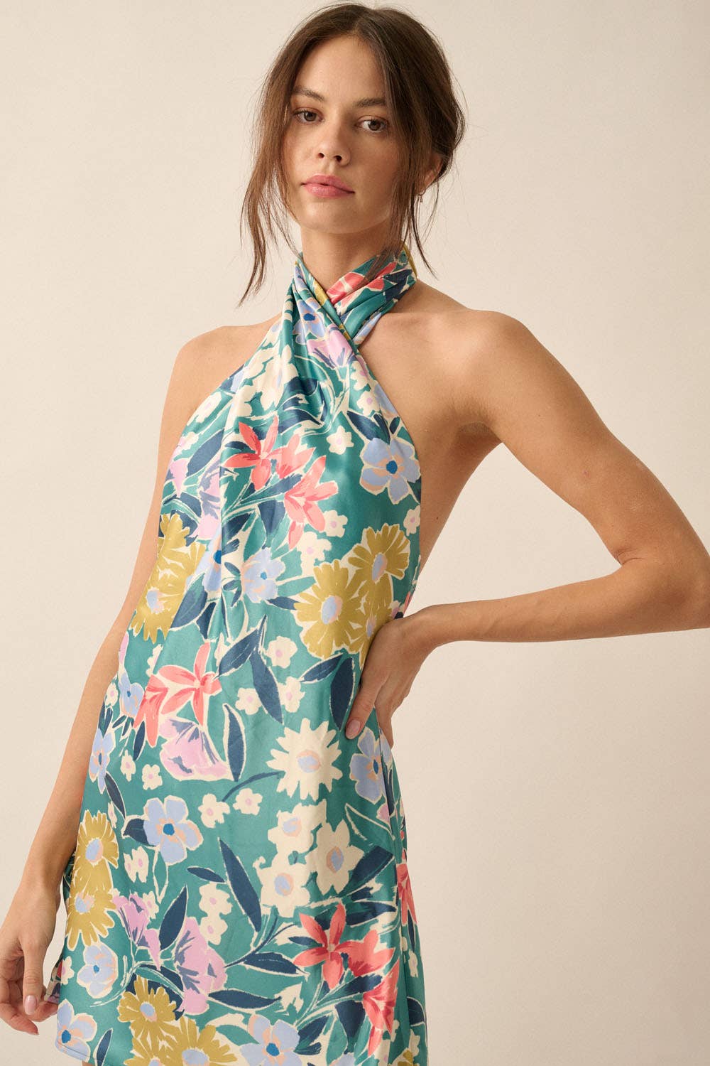 Floral Satin Twist-Front Mini Halter Dress