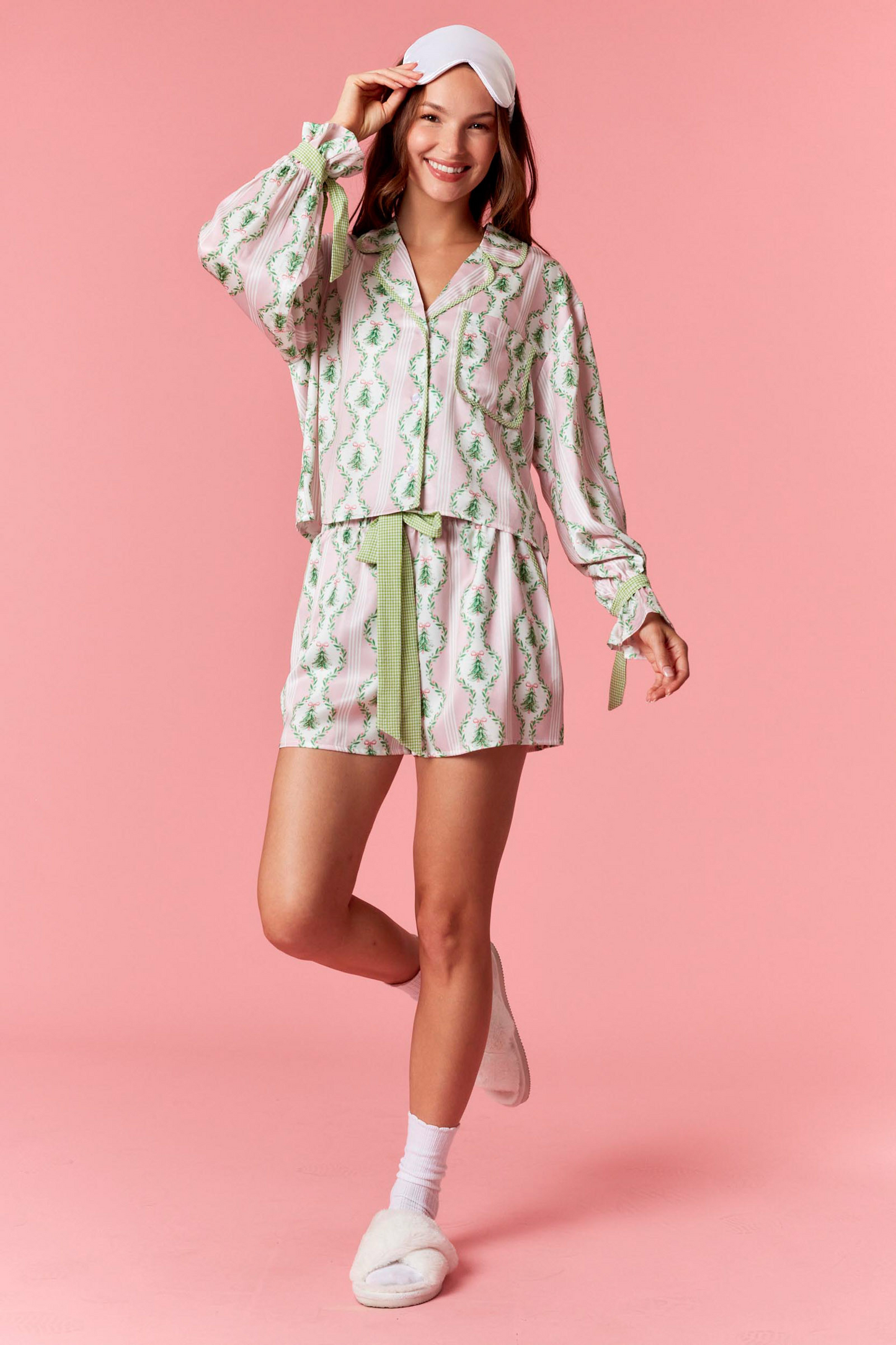 Pink Satin Christmas Tree Gingham Pajama Set