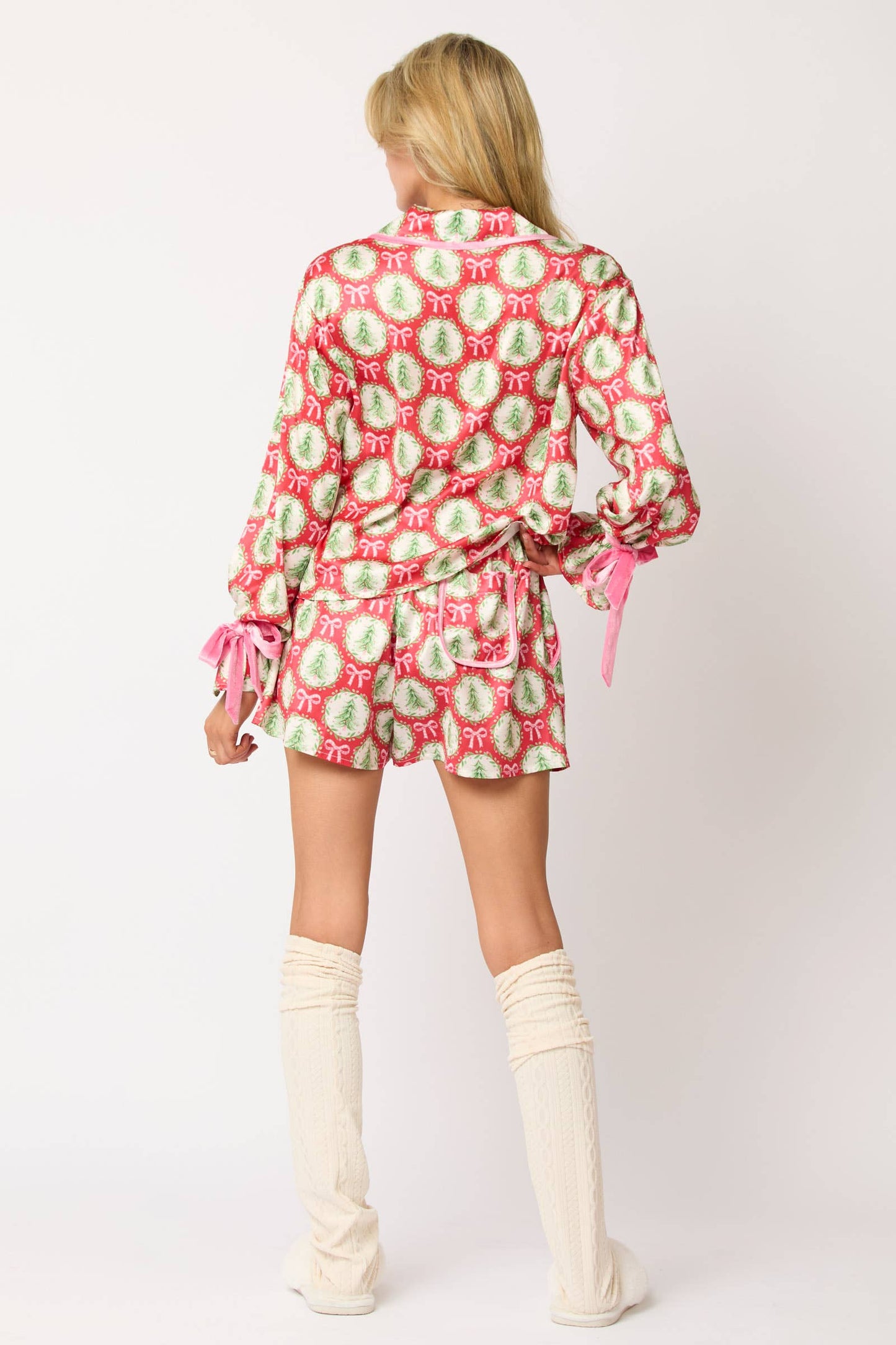 Satin Christmas Tree & Bow Prints Pajama Set