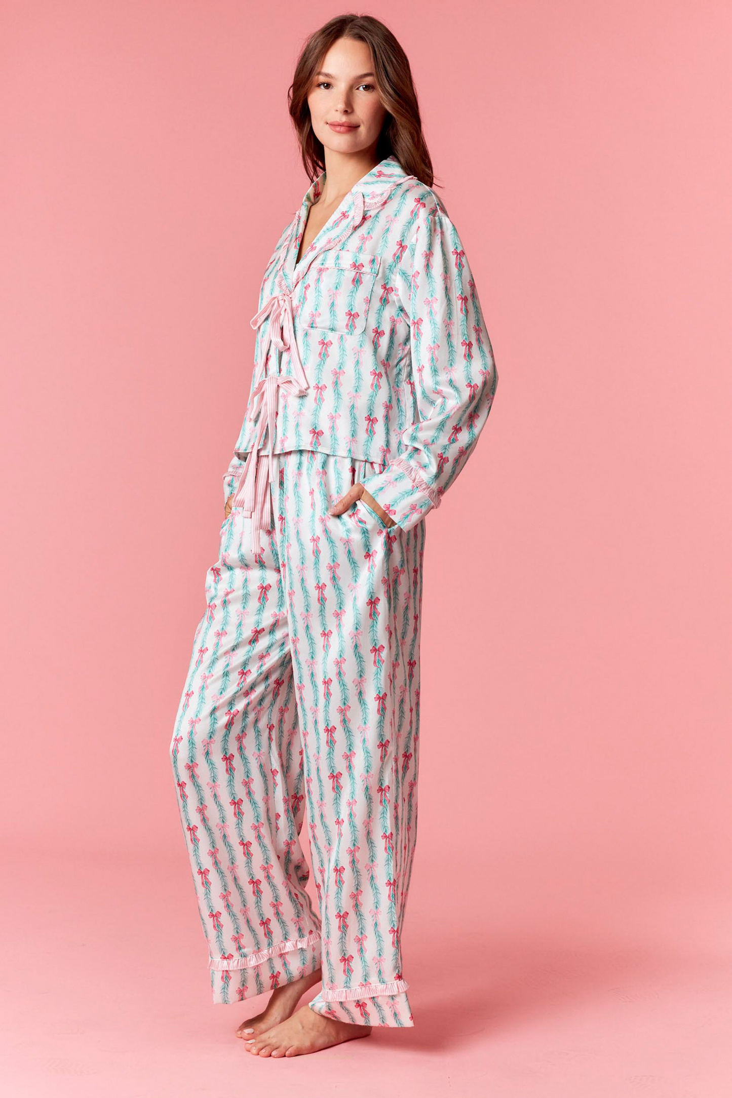 Bow Christmas Print Ruffle Satin PJ Set