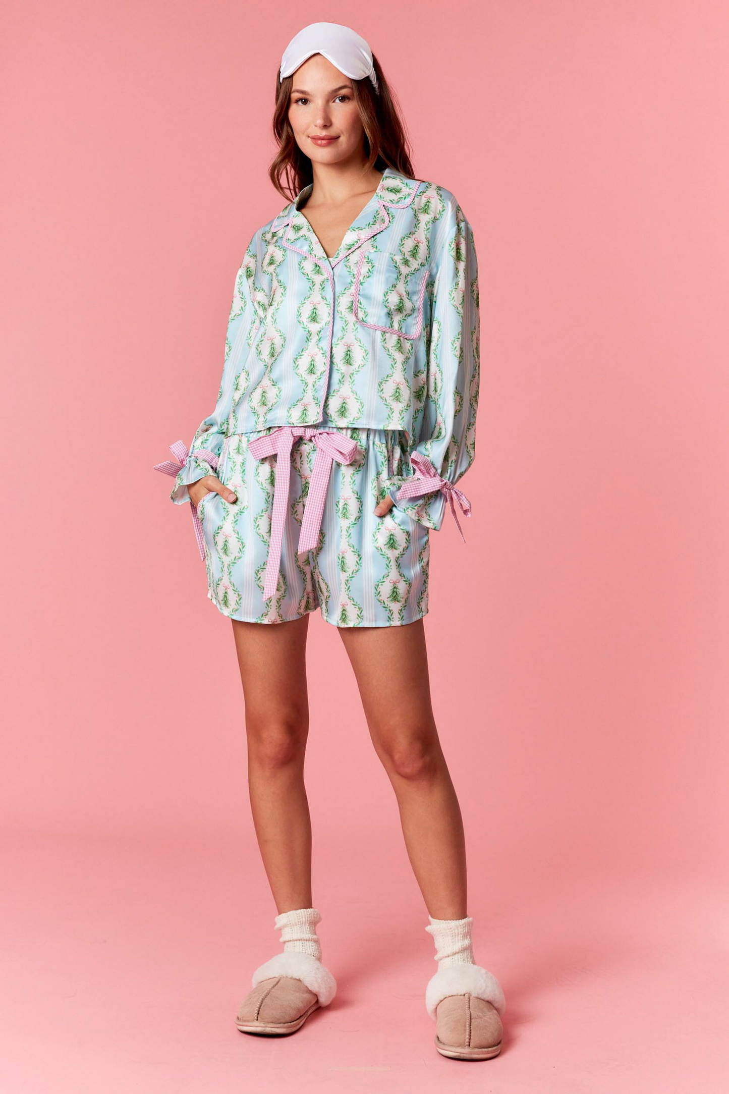 Blue Satin Christmas Tree Gingham Pajama Set