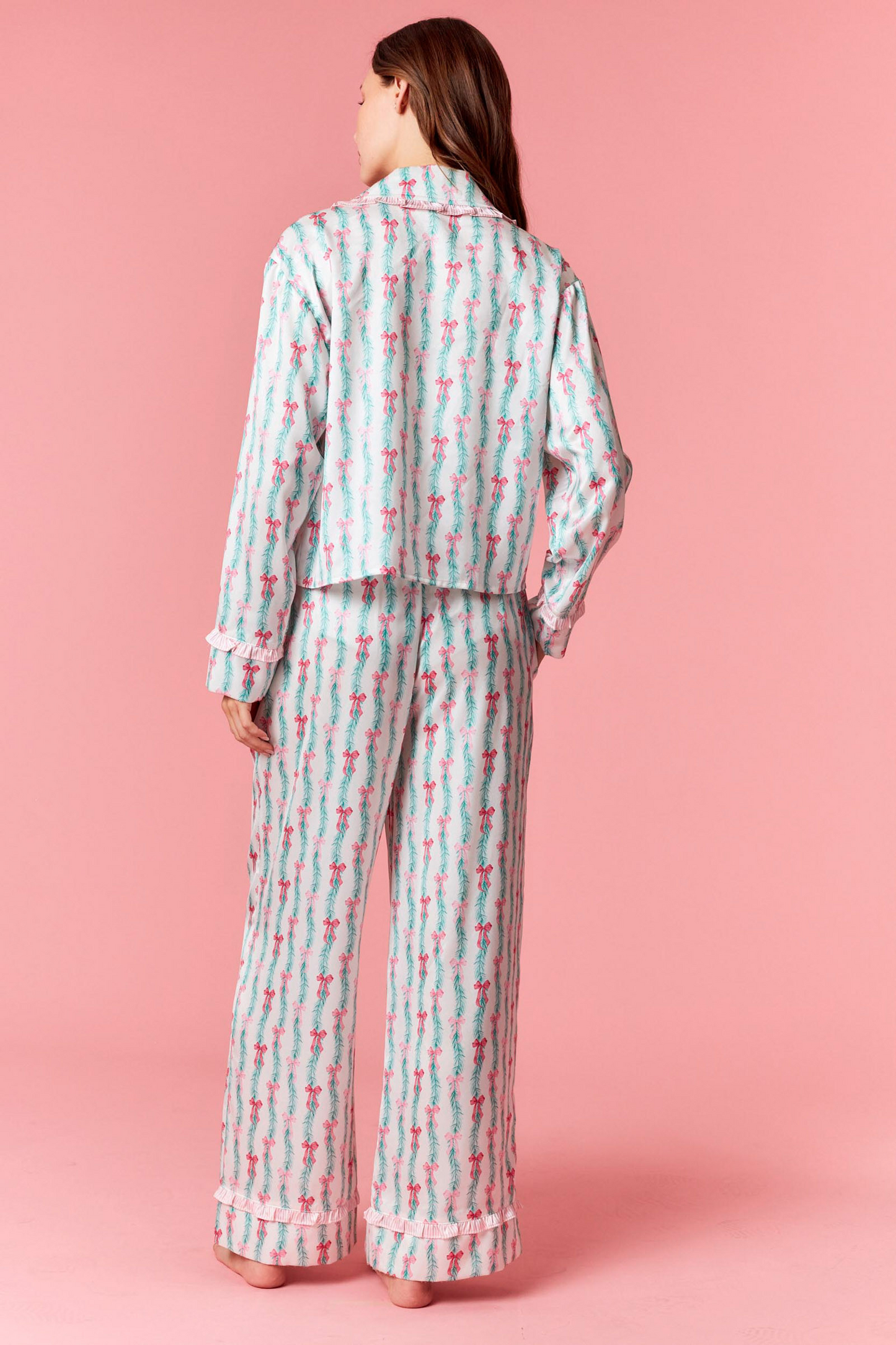 Bow Christmas Print Ruffle Satin PJ Set