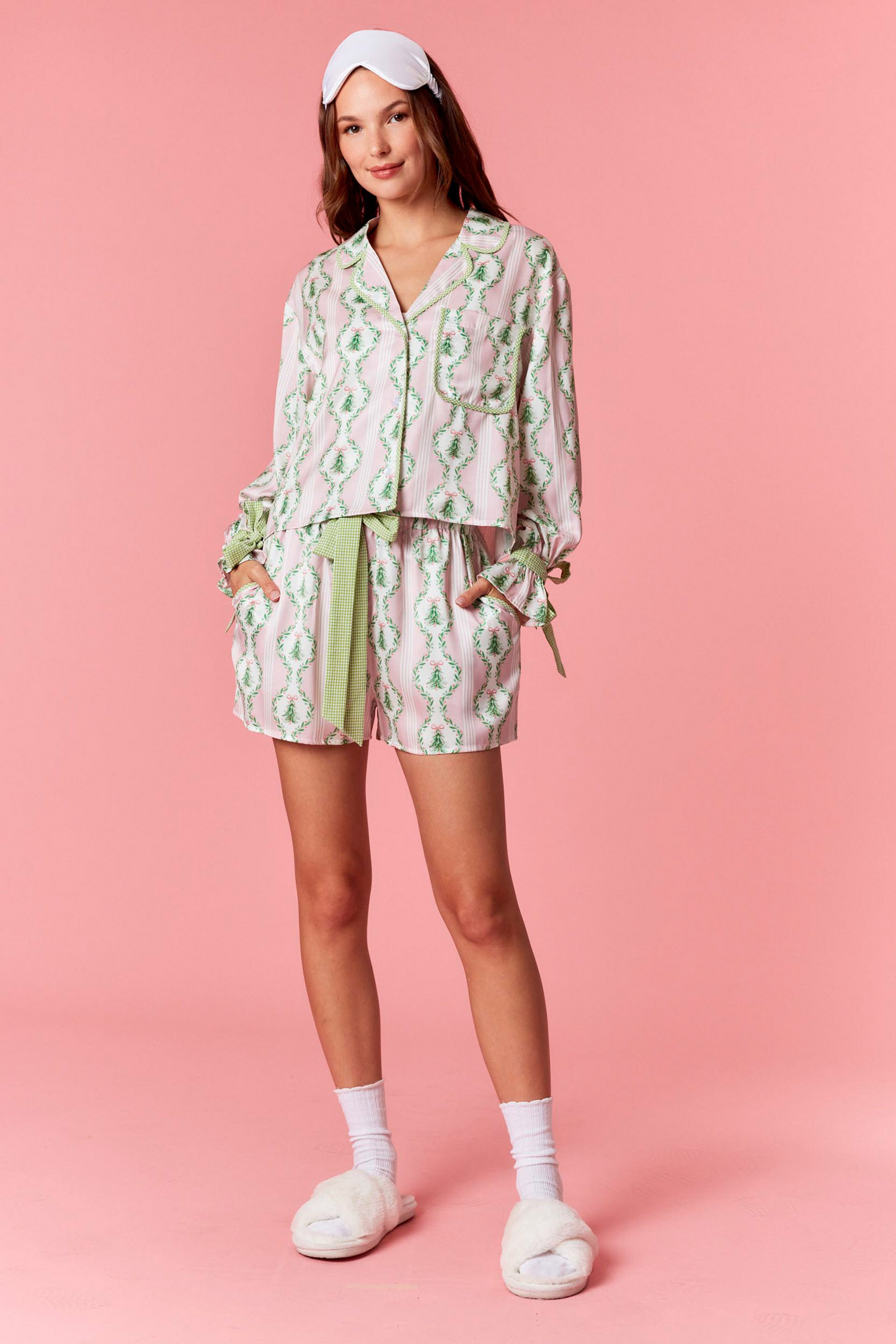 Pink Satin Christmas Tree Gingham Pajama Set