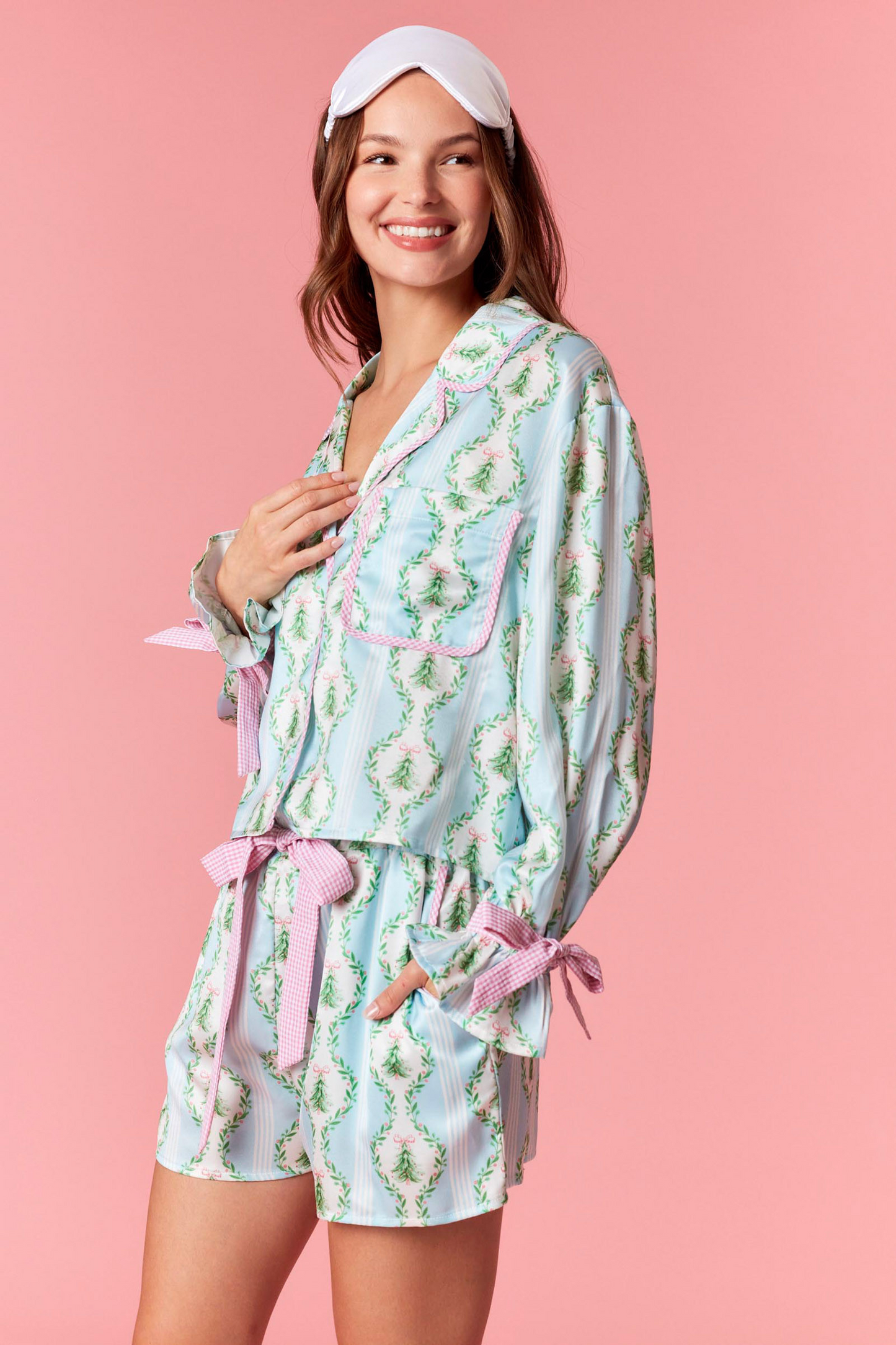 Blue Satin Christmas Tree Gingham Pajama Set
