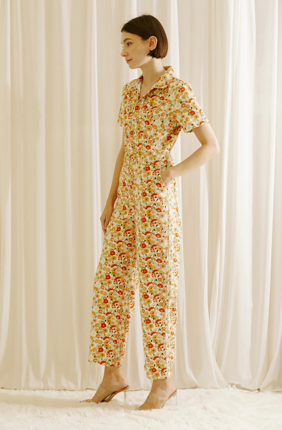 Floral button Down Denim Jumpsuit