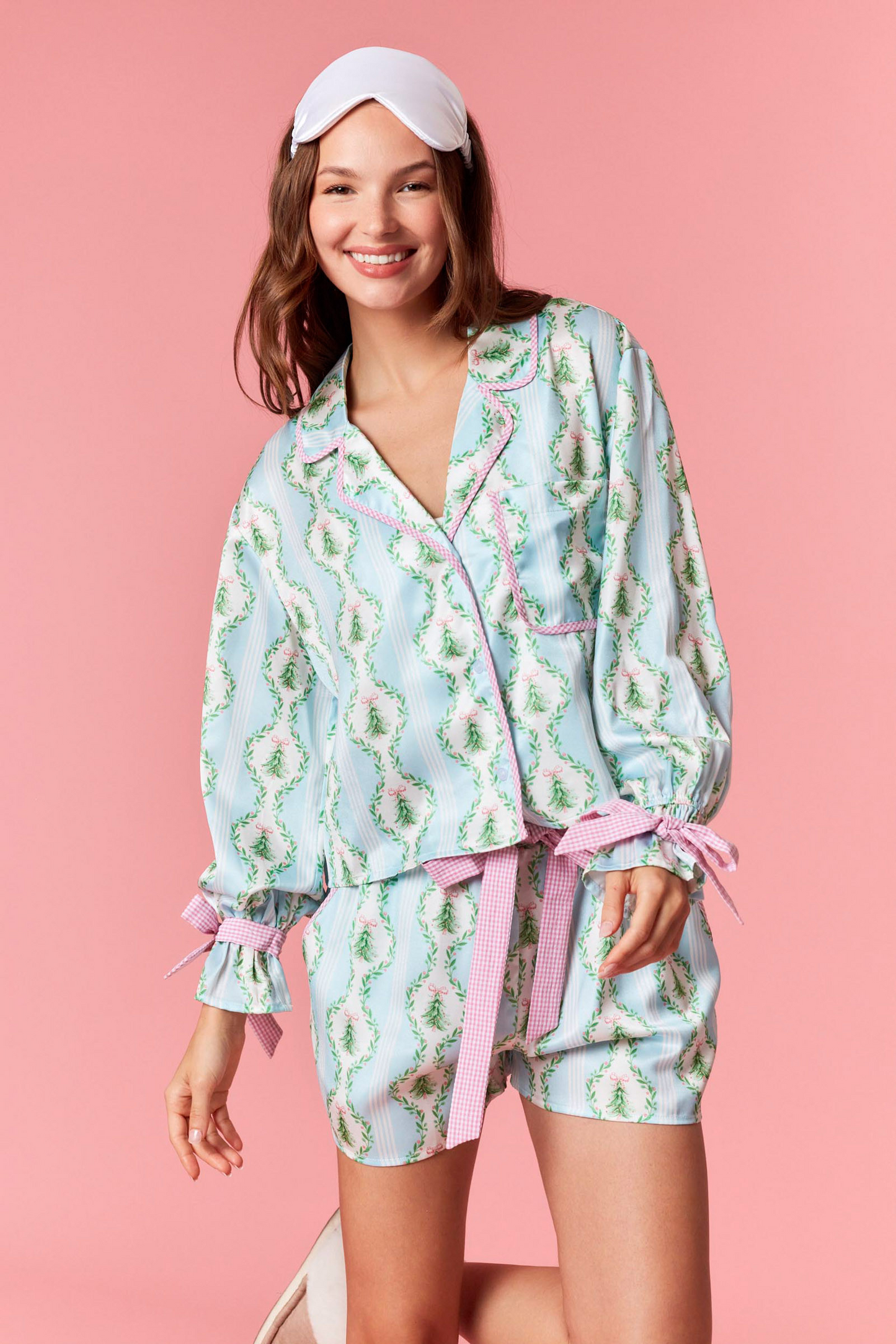 Blue Satin Christmas Tree Gingham Pajama Set