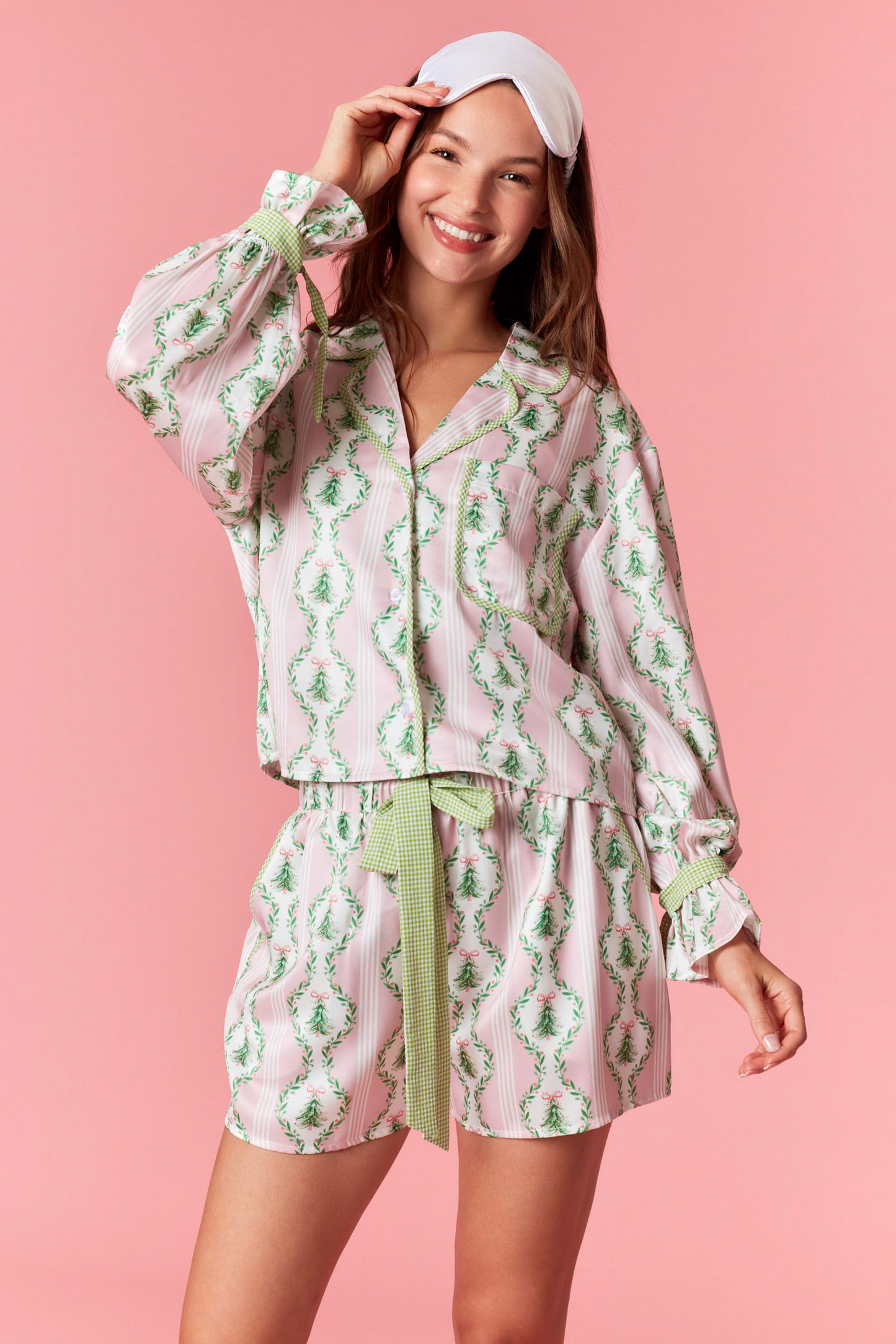 Pink Satin Christmas Tree Gingham Pajama Set