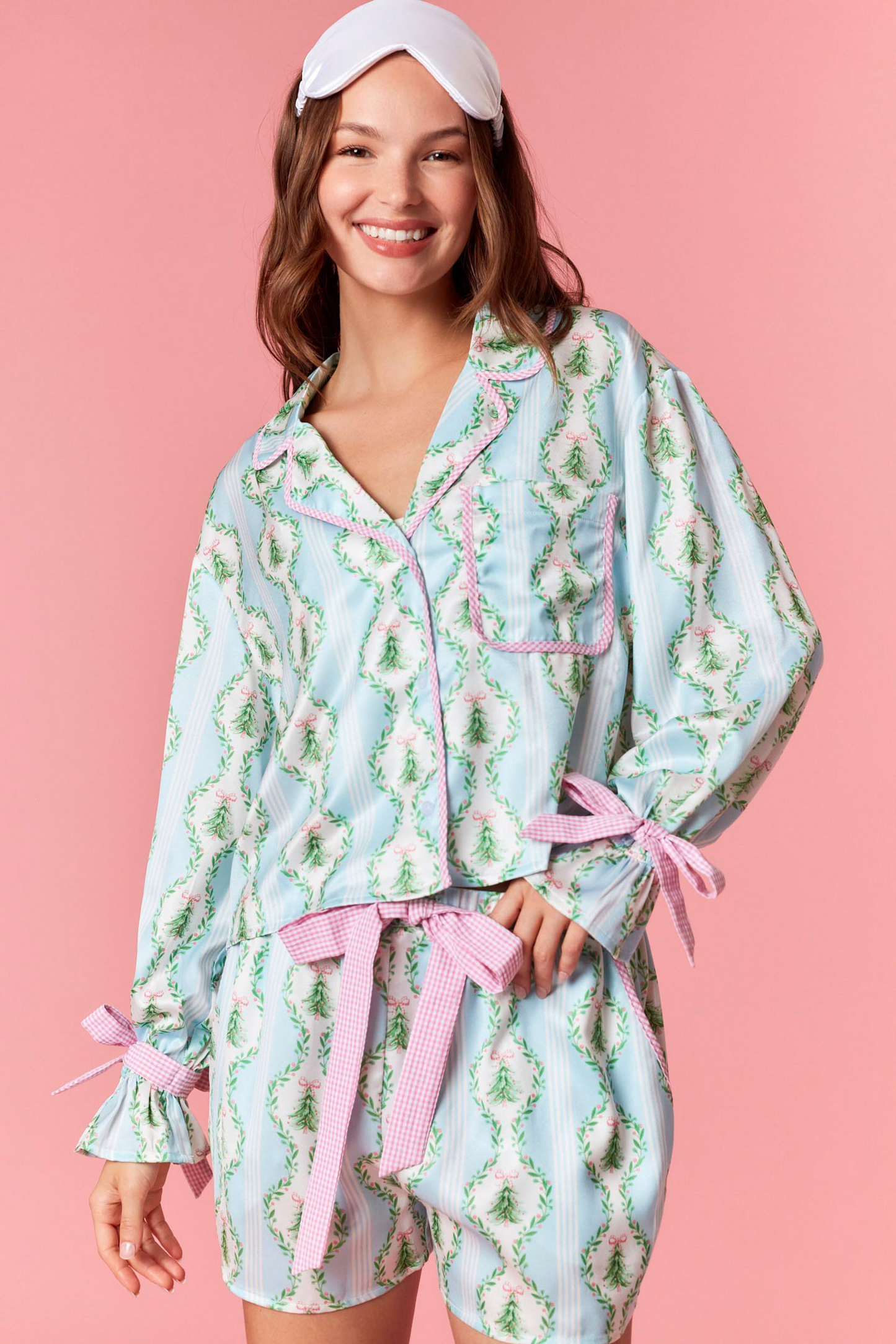 Blue Satin Christmas Tree Gingham Pajama Set
