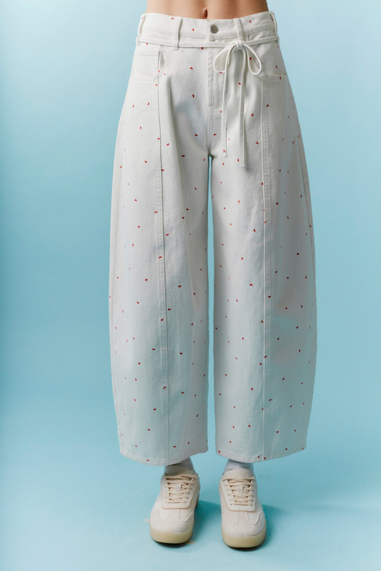 Mini Bow Print Washed Barrel Jeans