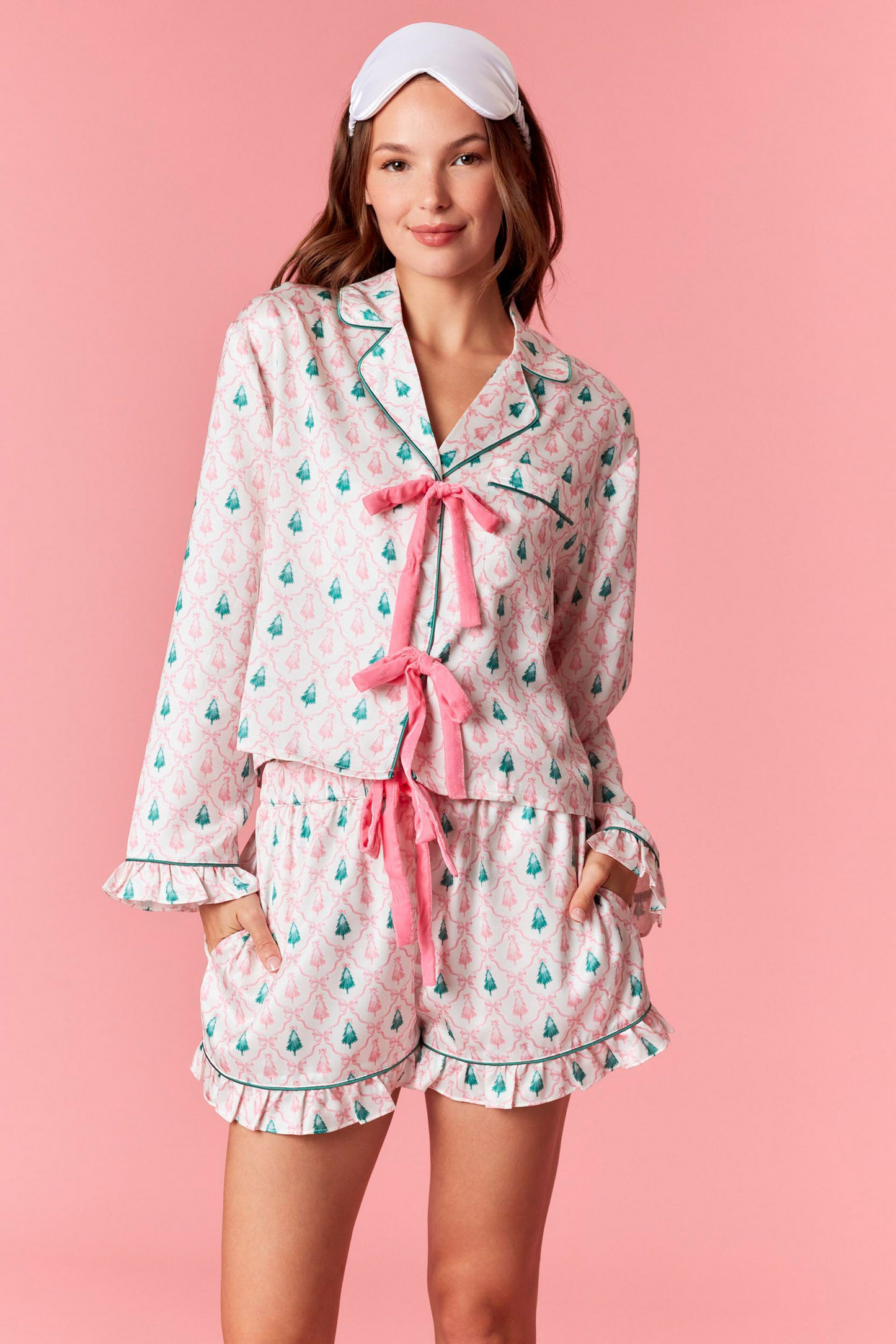 Christmas Tree Satin Pajama Set with Velvet Bows