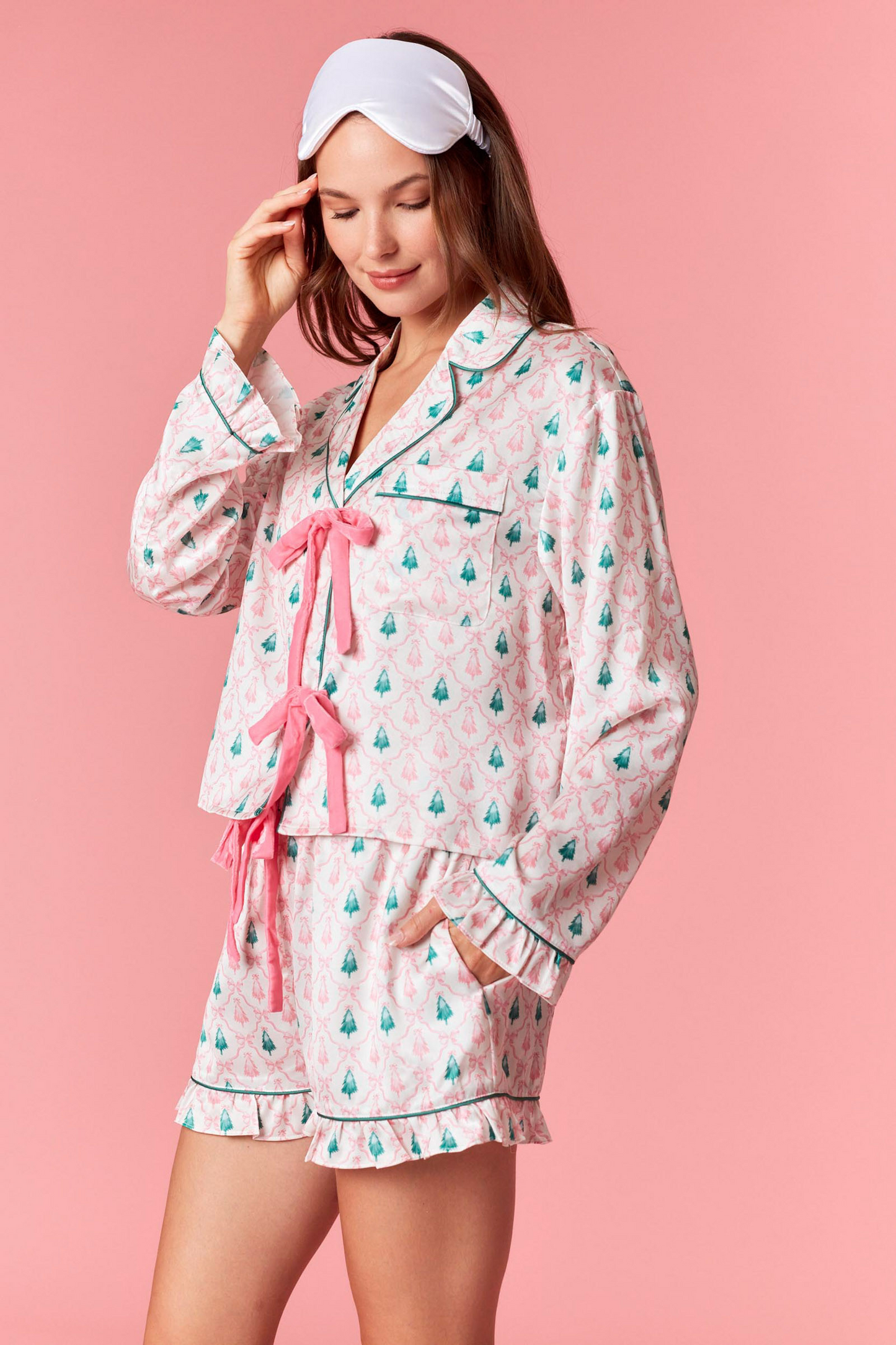 Christmas Tree Satin Pajama Set with Velvet Bows