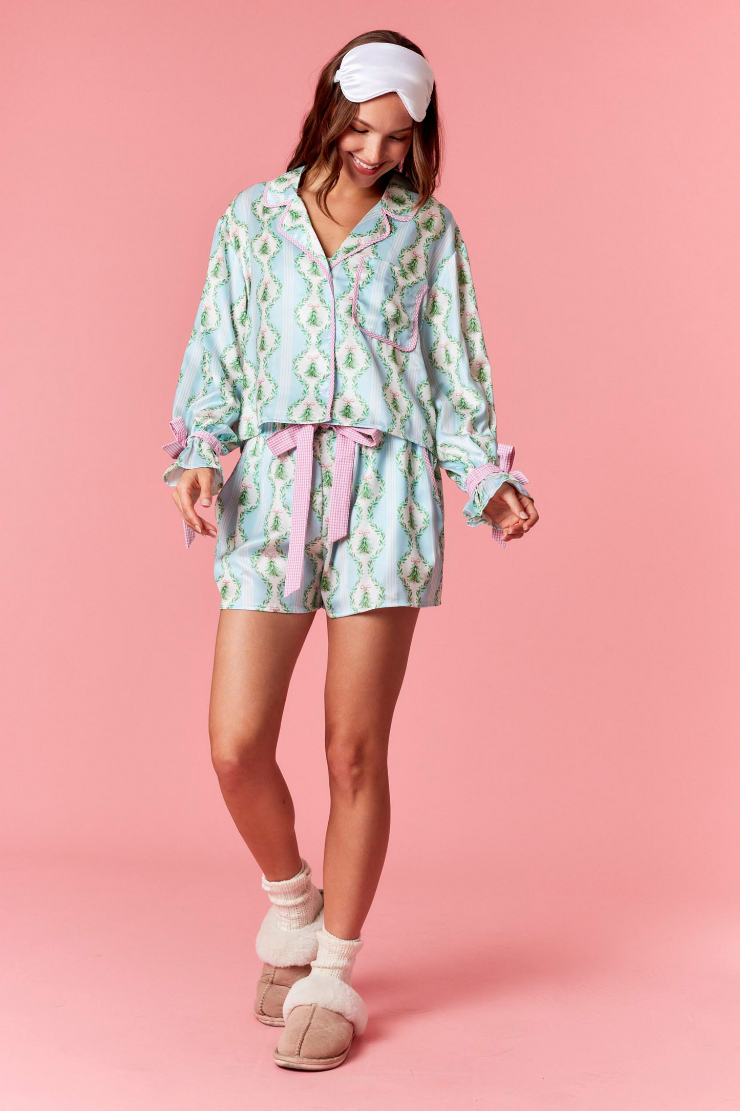 Blue Satin Christmas Tree Gingham Pajama Set