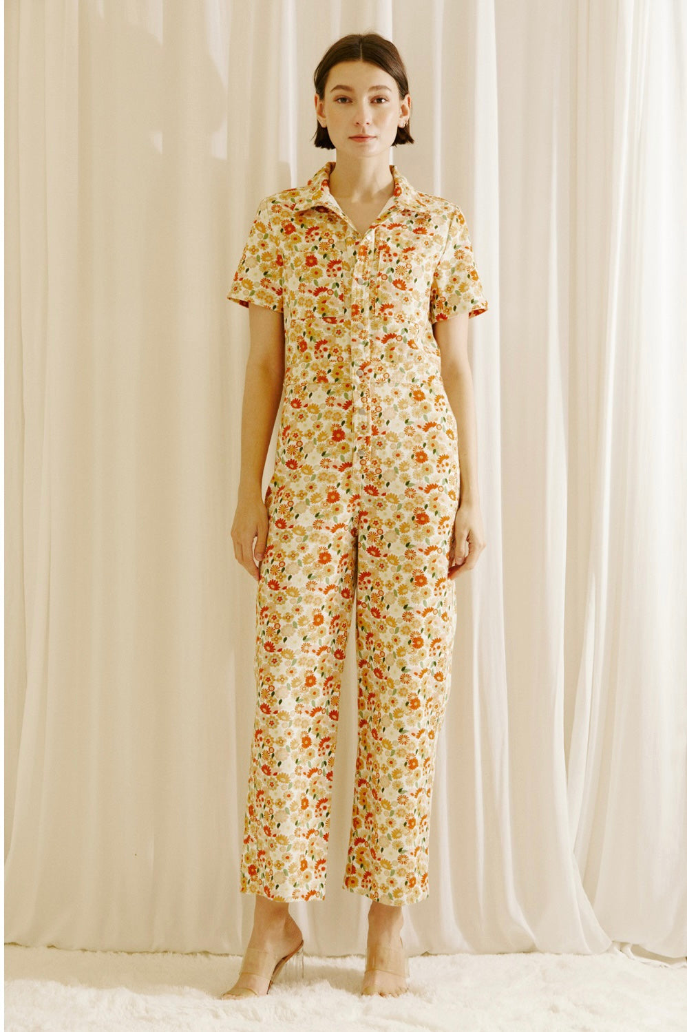 Floral button Down Denim Jumpsuit