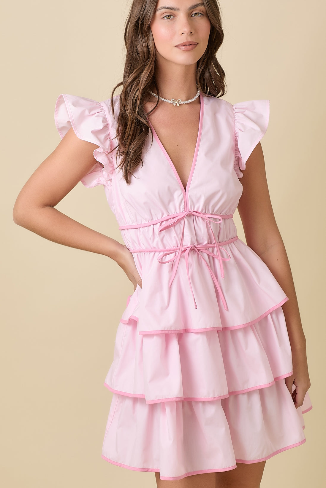Deep V-neck Ruffle Tier Mini Dress