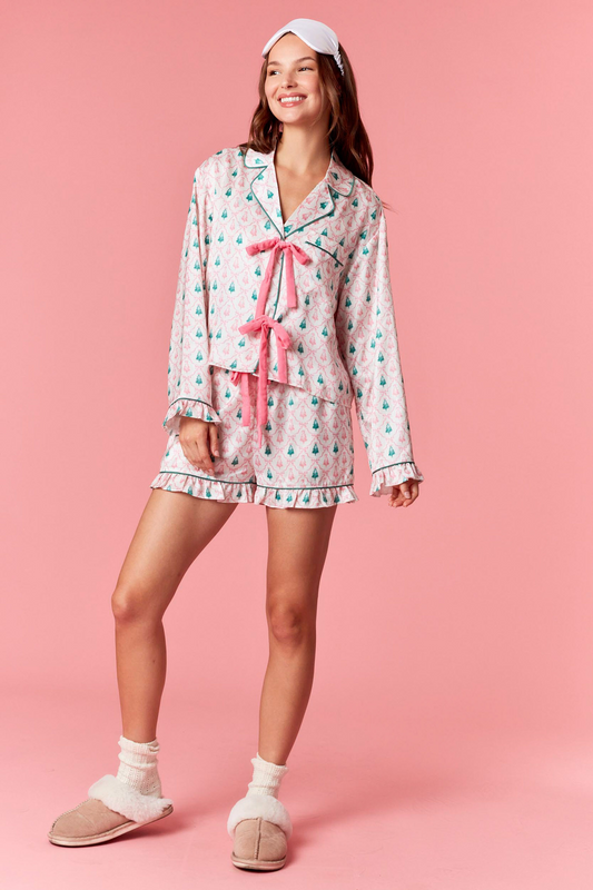 Christmas Tree Satin Pajama Set with Velvet Bows
