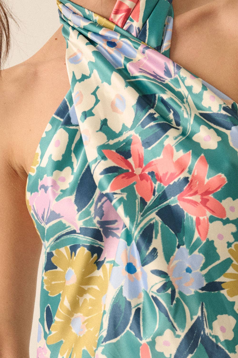 Floral Satin Twist-Front Mini Halter Dress