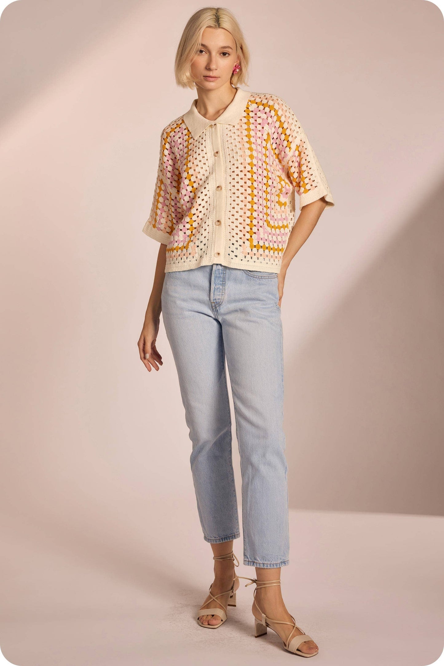 Collared Crochet Button Down Shirt