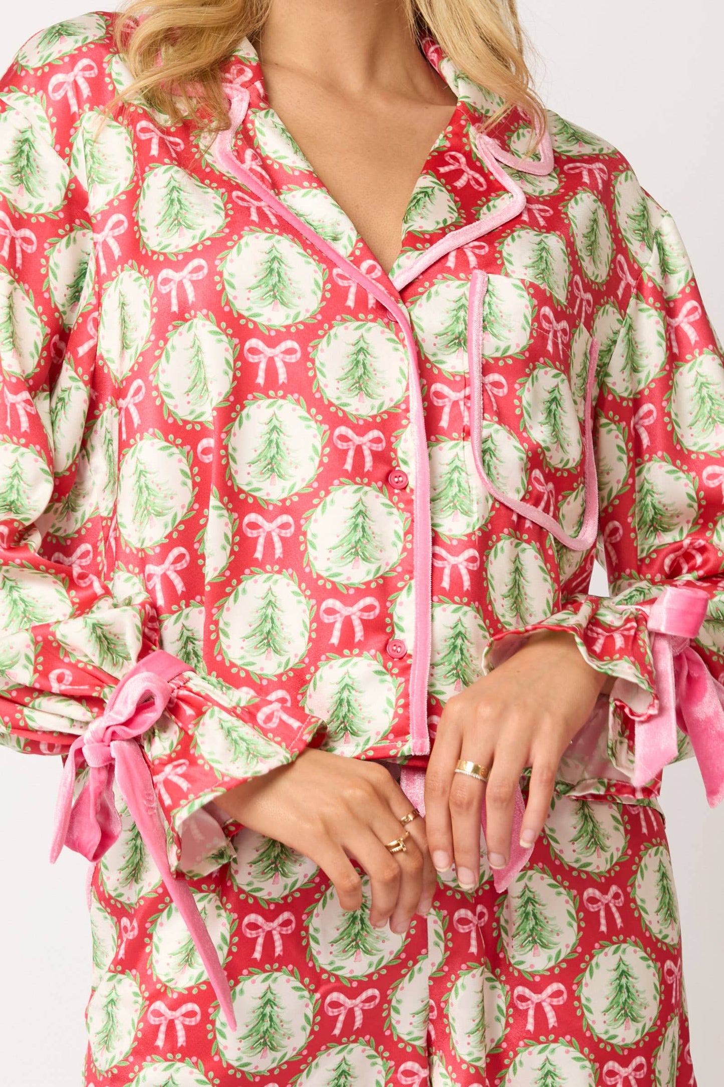 Satin Christmas Tree & Bow Prints Pajama Set