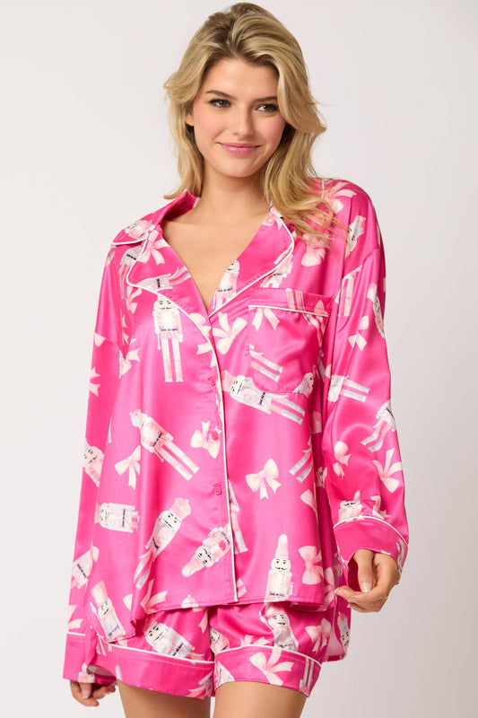 Pink Satin Nutcracker & Bow Print Pajama Set