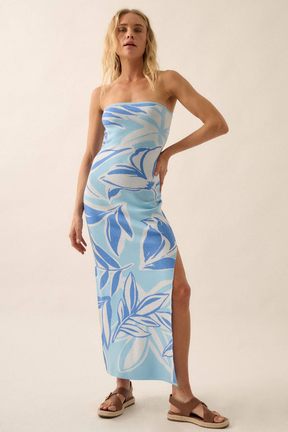 Floral Jacquard Knit Strapless Maxi Sweater Dress