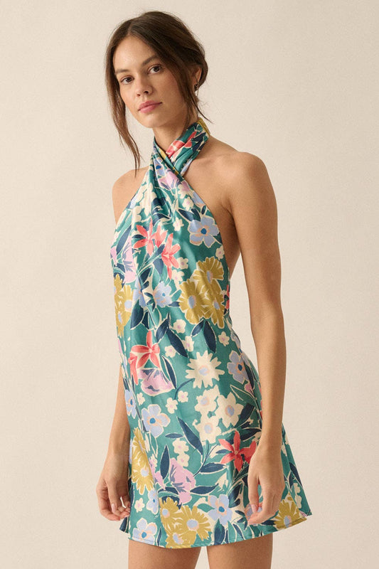 Floral Satin Twist-Front Mini Halter Dress