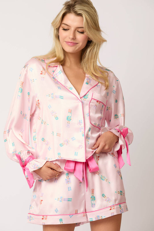 Satin Nutcracker Prints Shirt & Shorts Pajama Set