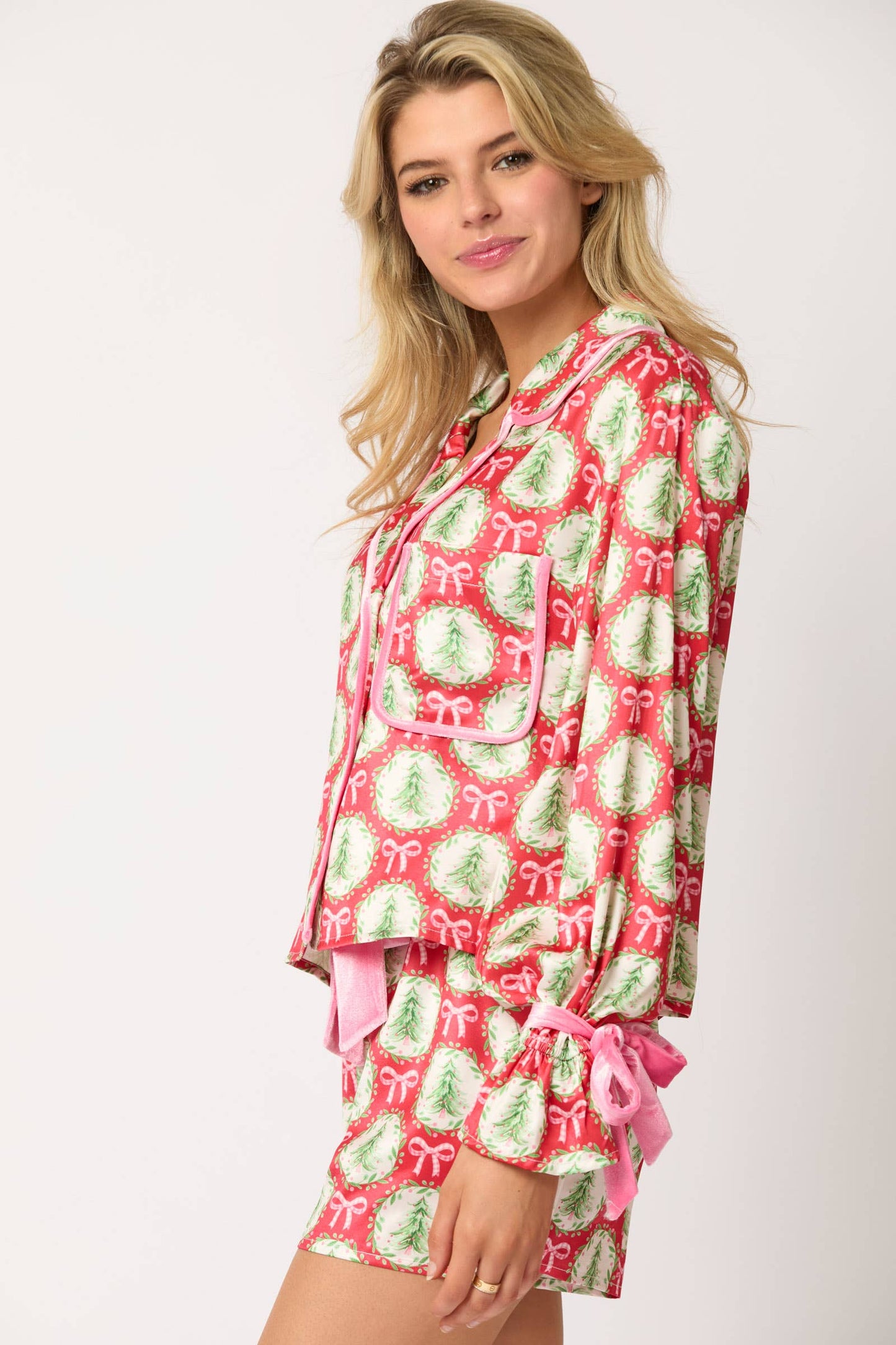 Satin Christmas Tree & Bow Prints Pajama Set