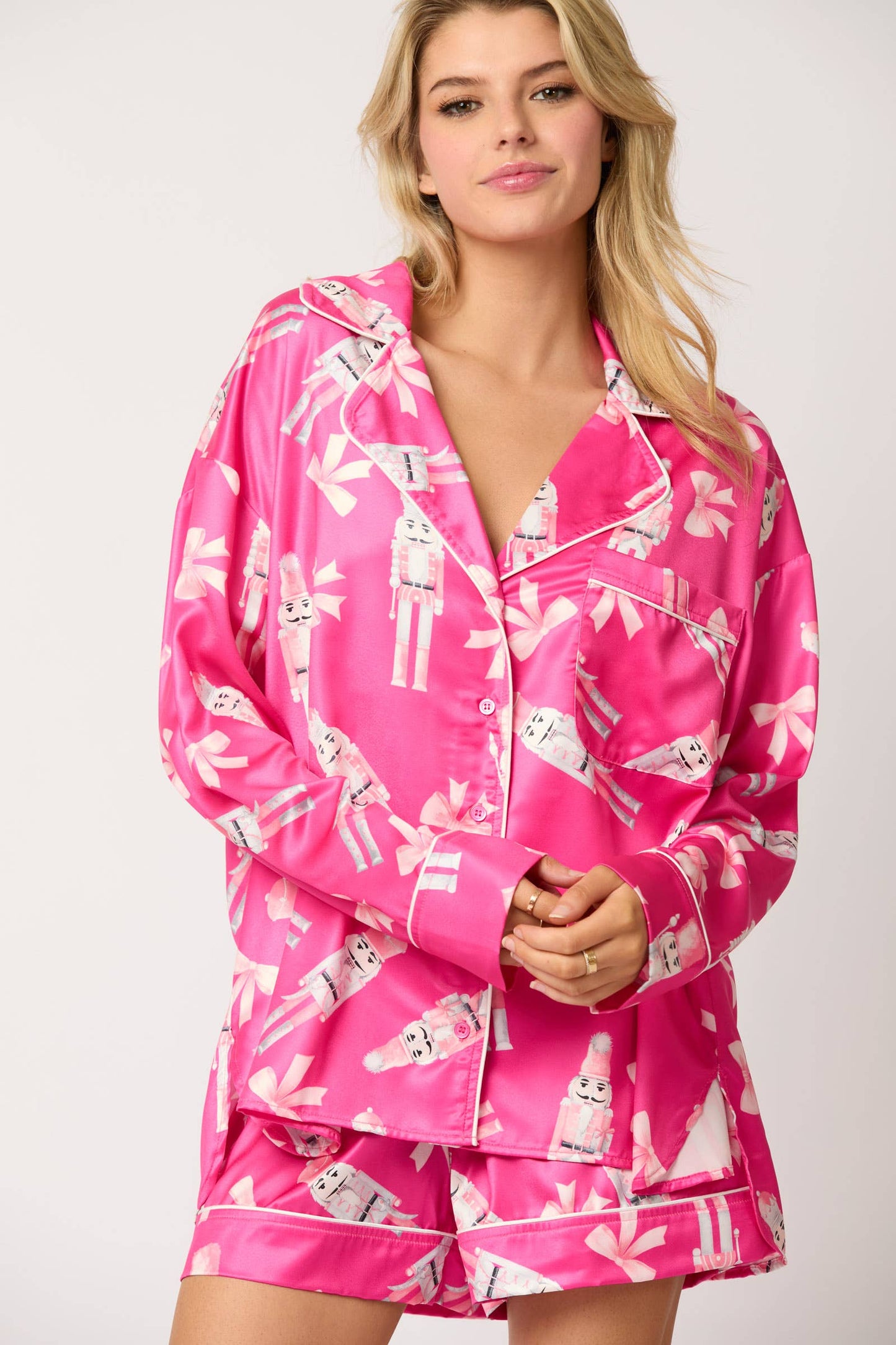 Pink Satin Nutcracker & Bow Print Pajama Set