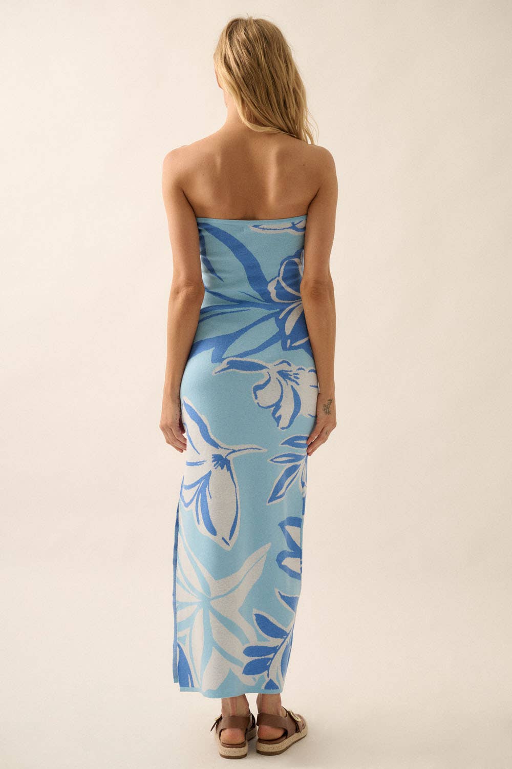 Floral Jacquard Knit Strapless Maxi Sweater Dress