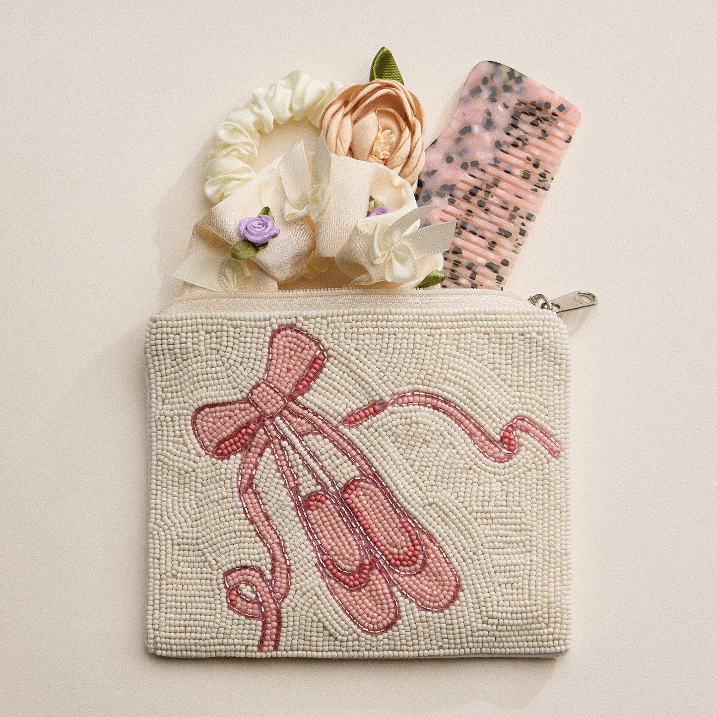 Pink Ballet Beaded Zipper Pouch