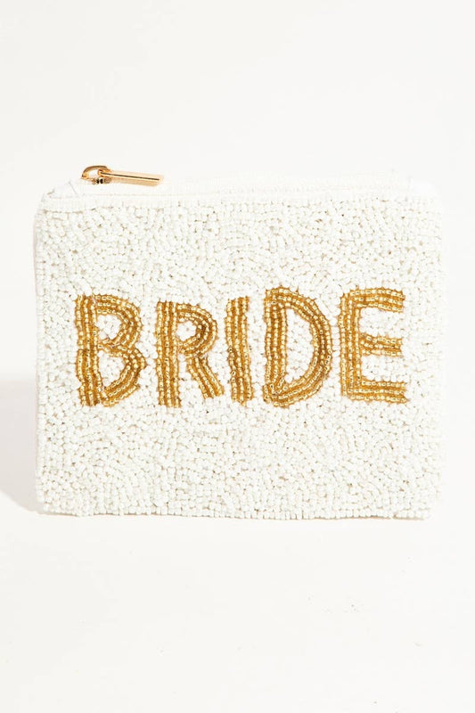 Gold Bride Print White Beaded Coin Purse