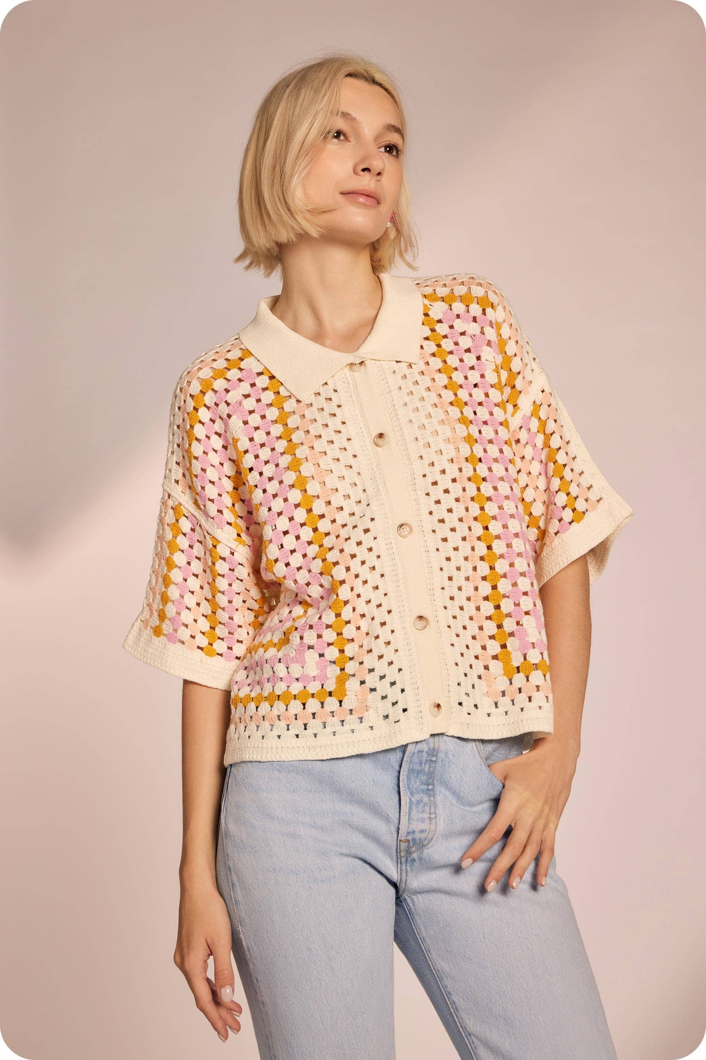 Collared Crochet Button Down Shirt