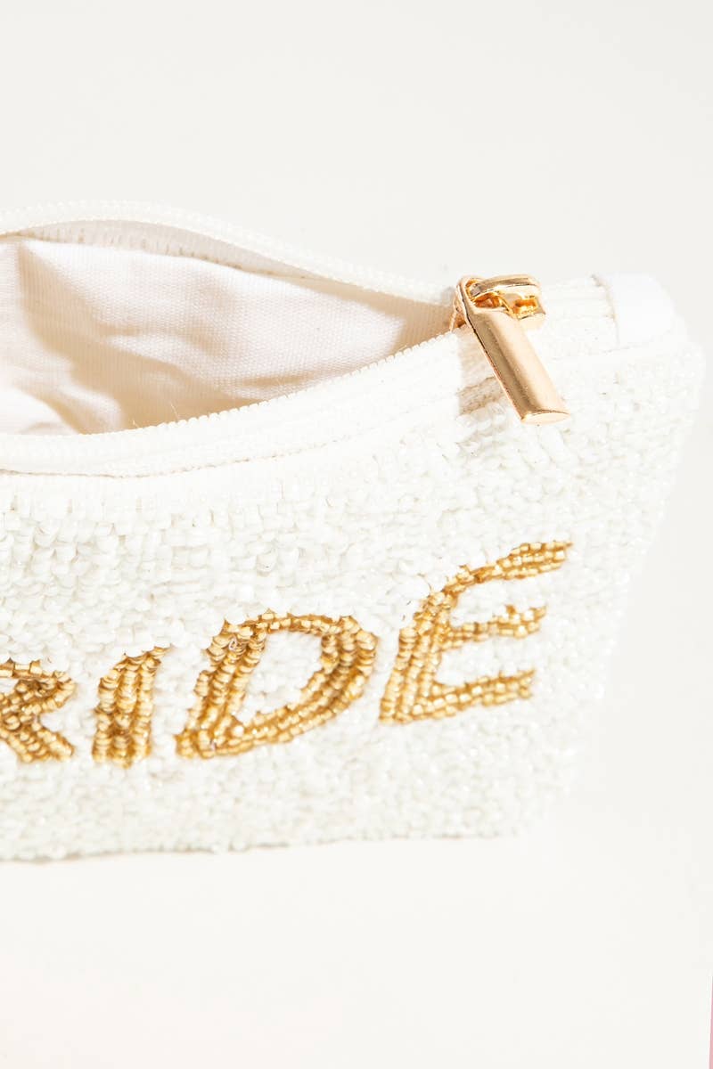 Gold Bride Print White Beaded Coin Purse