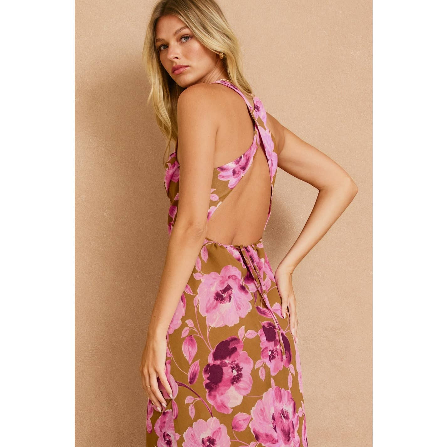 Sepia Petals Drape Detail Maxi Dress