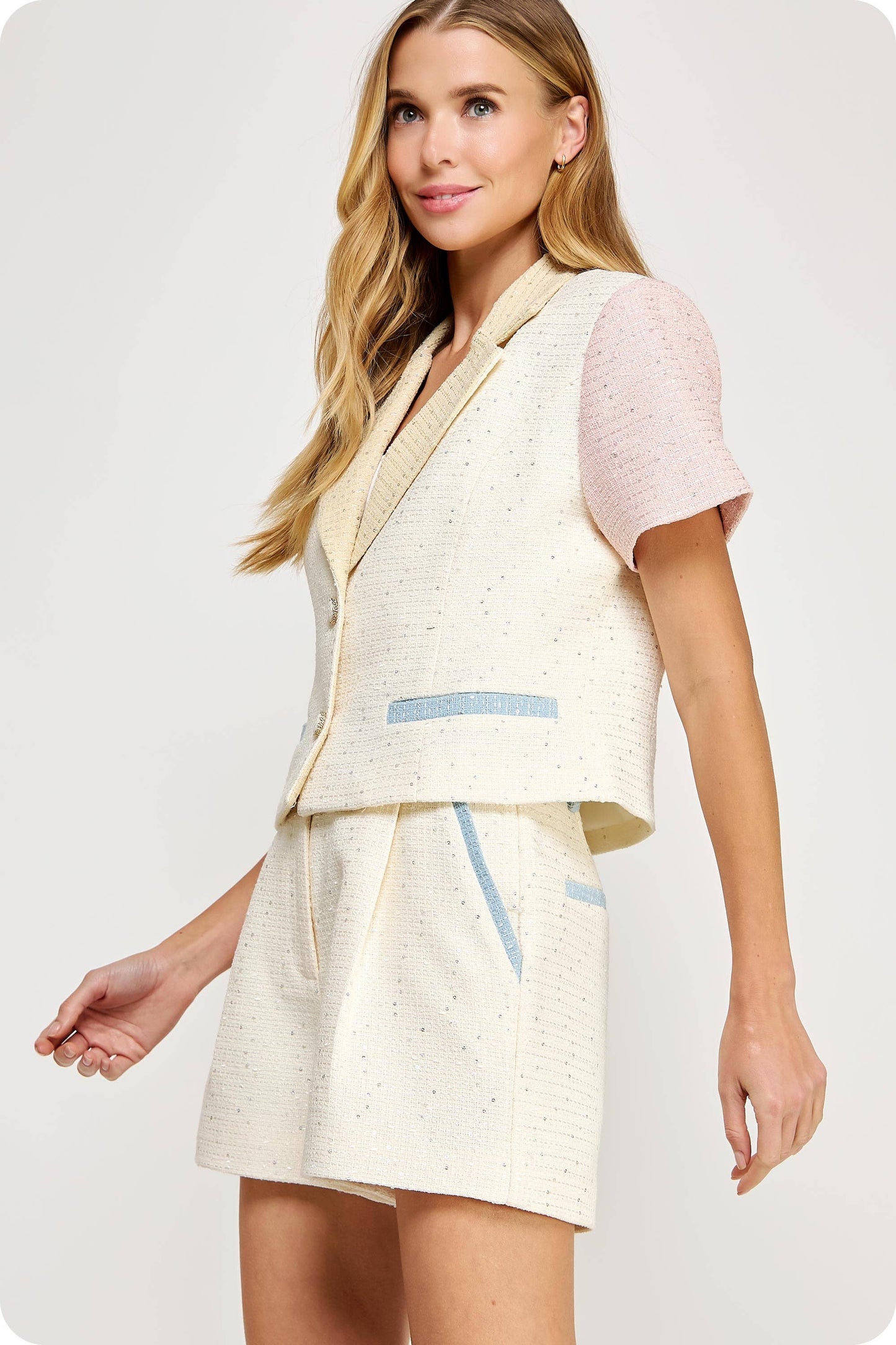 Color Block Sequins Tweed Shorts